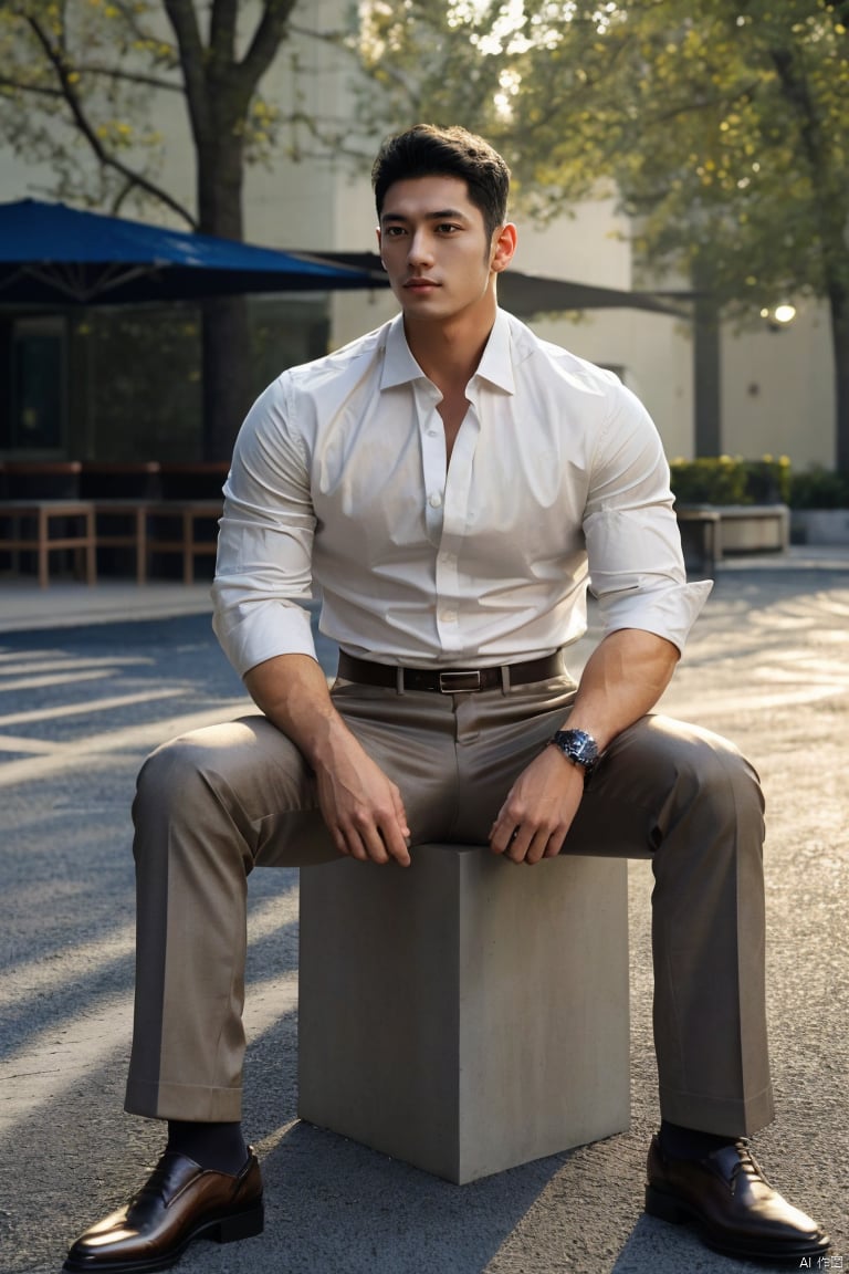  jzns,flm,1man,male focus,asian,exquisite facial features,handsome,fashion forward,unbuttoned white shirt,Cuff,sitting,outdoors,building,Volumetric lighting,(masterpiece, realistic, best quality, highly detailed), jzns