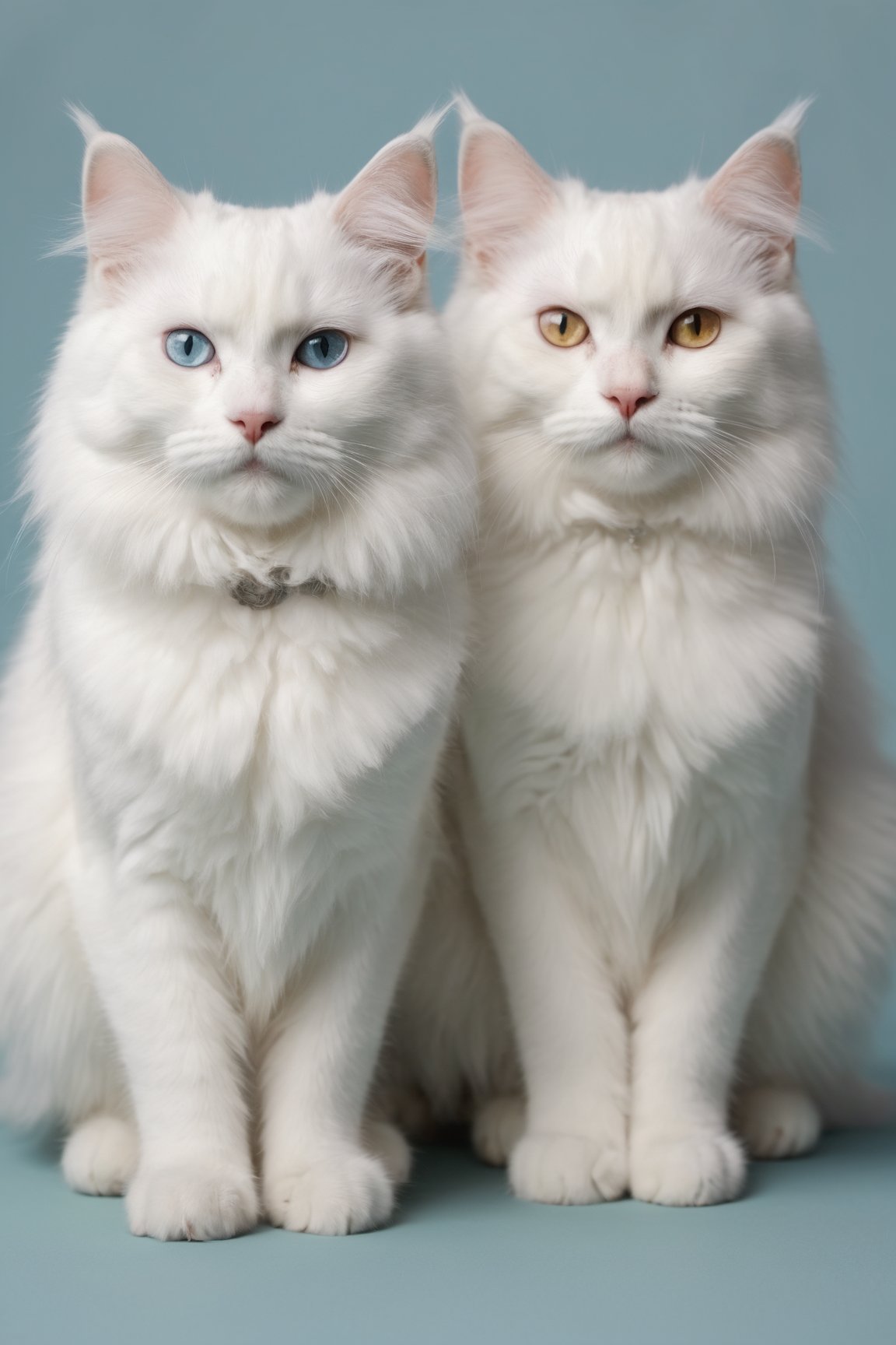 Two fluffy snow-white cats, they have two pupils of different colors, their eyes are clear and full of details