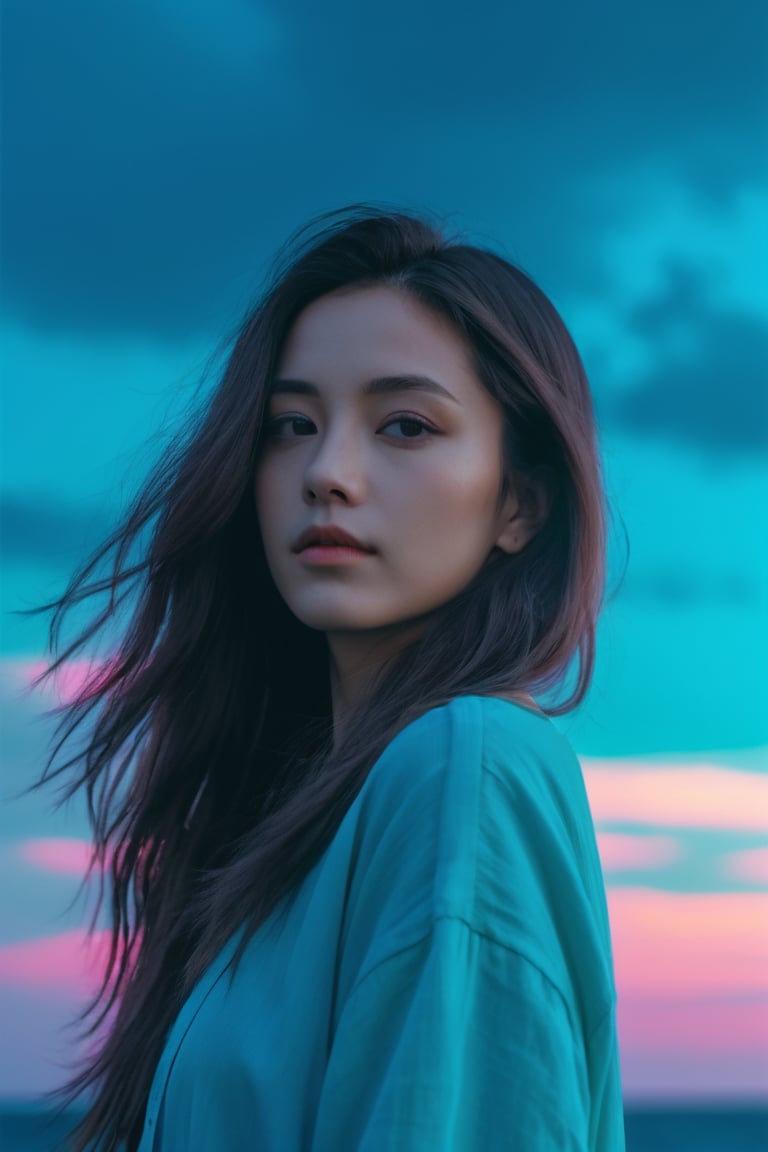 xxmixgirl, (masterpiece:1.0), (highest quality:1.12), (HDR:1.0), a girl with long hair looking at viewer, with a teal background and a indigo sky, constant, vaporwave colors, a character portrait, synchronization, detailed, realistic, 8k uhd, high quality