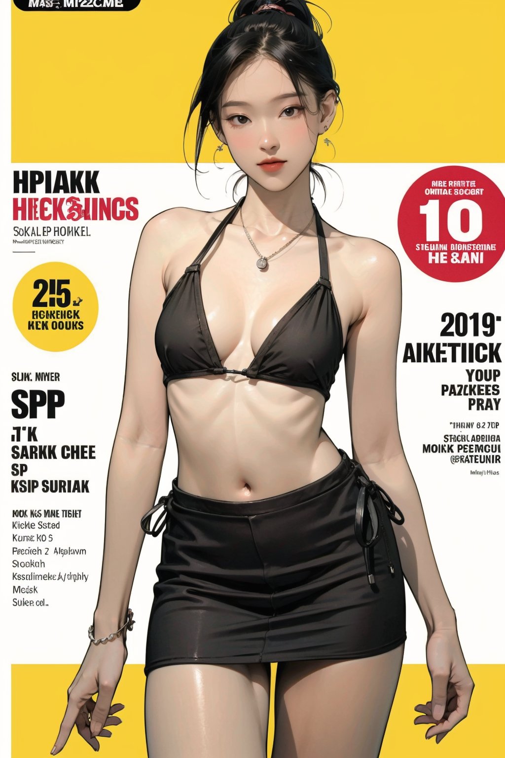 1girl, bracelets, ((thigh up body, standing, thick,)) looking at viewer,  earrings, tinyskirt, bikini, intricate background, magazine cover, headphone, mthanhh