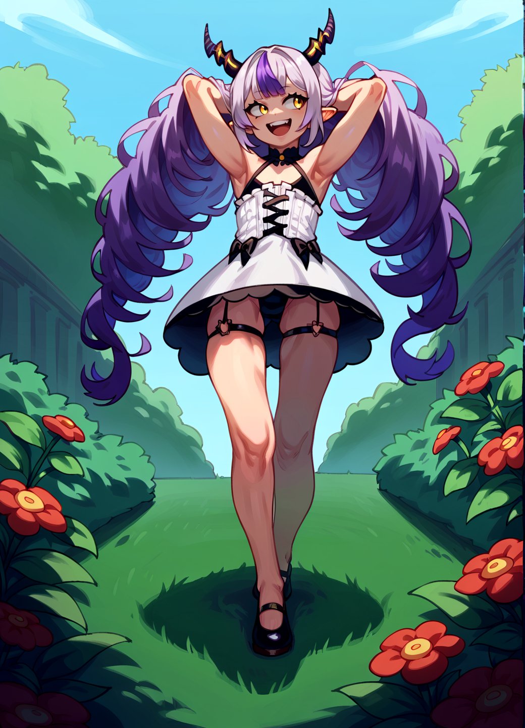 score_9, score_8_up, score_7_up, score_6_up, from below, standing, full body, arms behind head, outdoors, victorian mansion, garden, flowers, bushesBREAKsolo, 1girl, la+ darknesss, hololive, horns, very long hair, purple hair, streaked hair, yellow eyes, pointy ears, happy, looking away, flat chest, (plump:0.8),tight revealing dress, microdress<lora:eigakaPony_locon_e16:1>