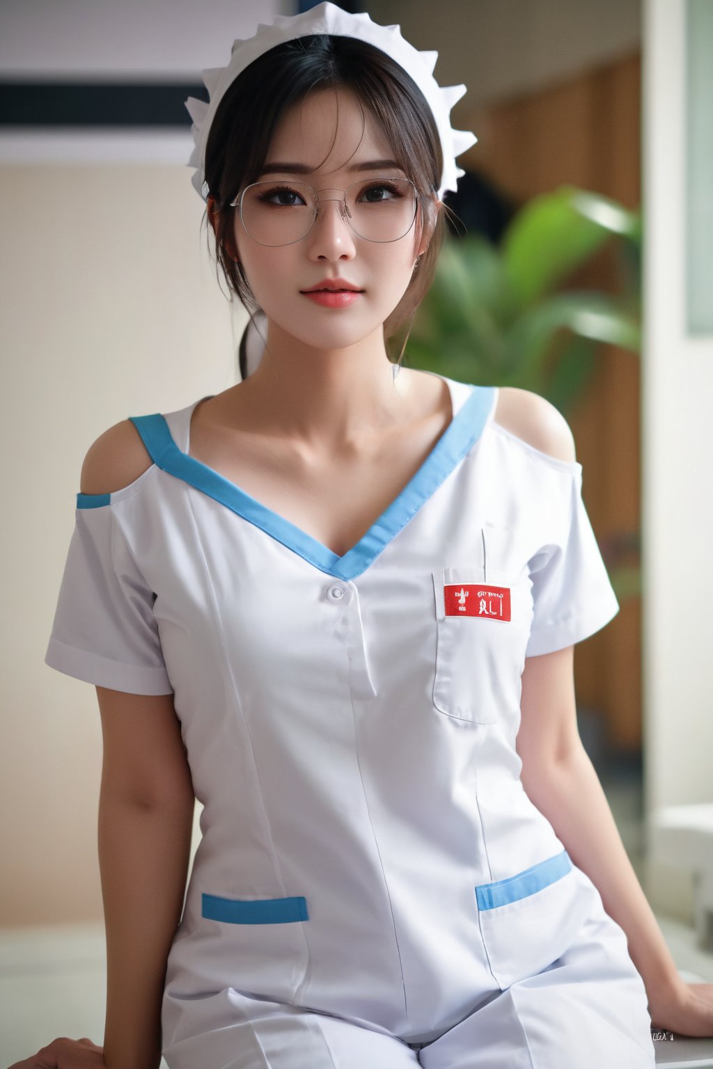 1girl, solo, Thailand model, shy, charming, glasses, white nurse uniform, deep-v, off the shoulder, M-shaped squatting, clinic, realistic, detailed face, full body view. 