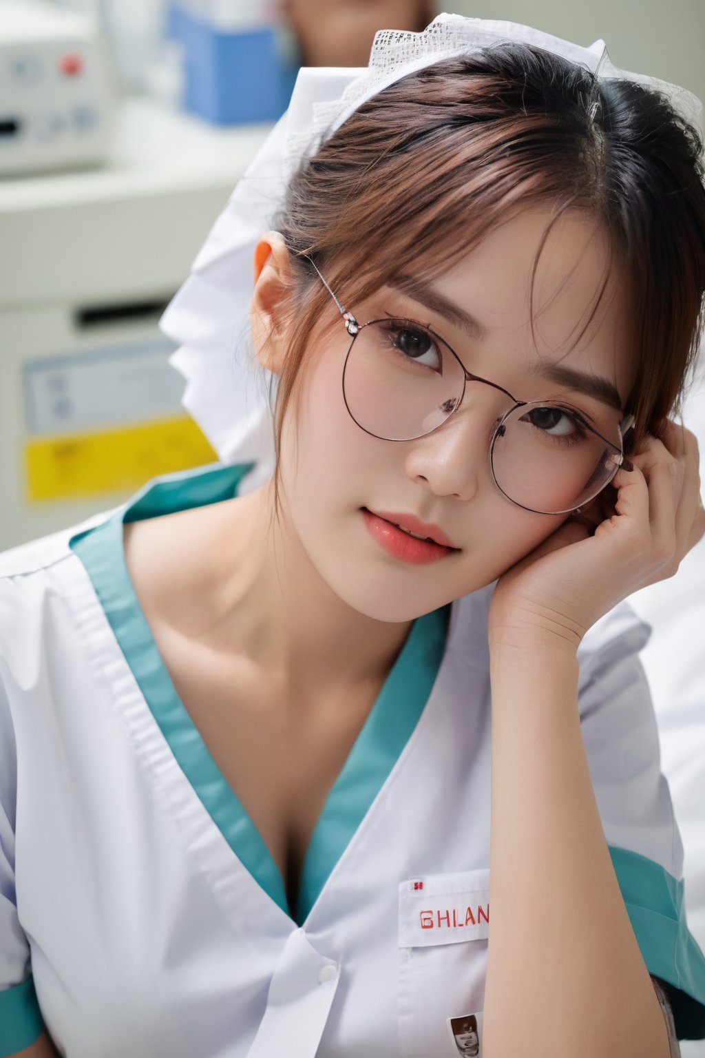 1girl, solo, Thailand model, shy, charming, glasses, white nurse uniform, deep-v, off the shoulder, lying, clinic, realistic, detailed face, full body view. 