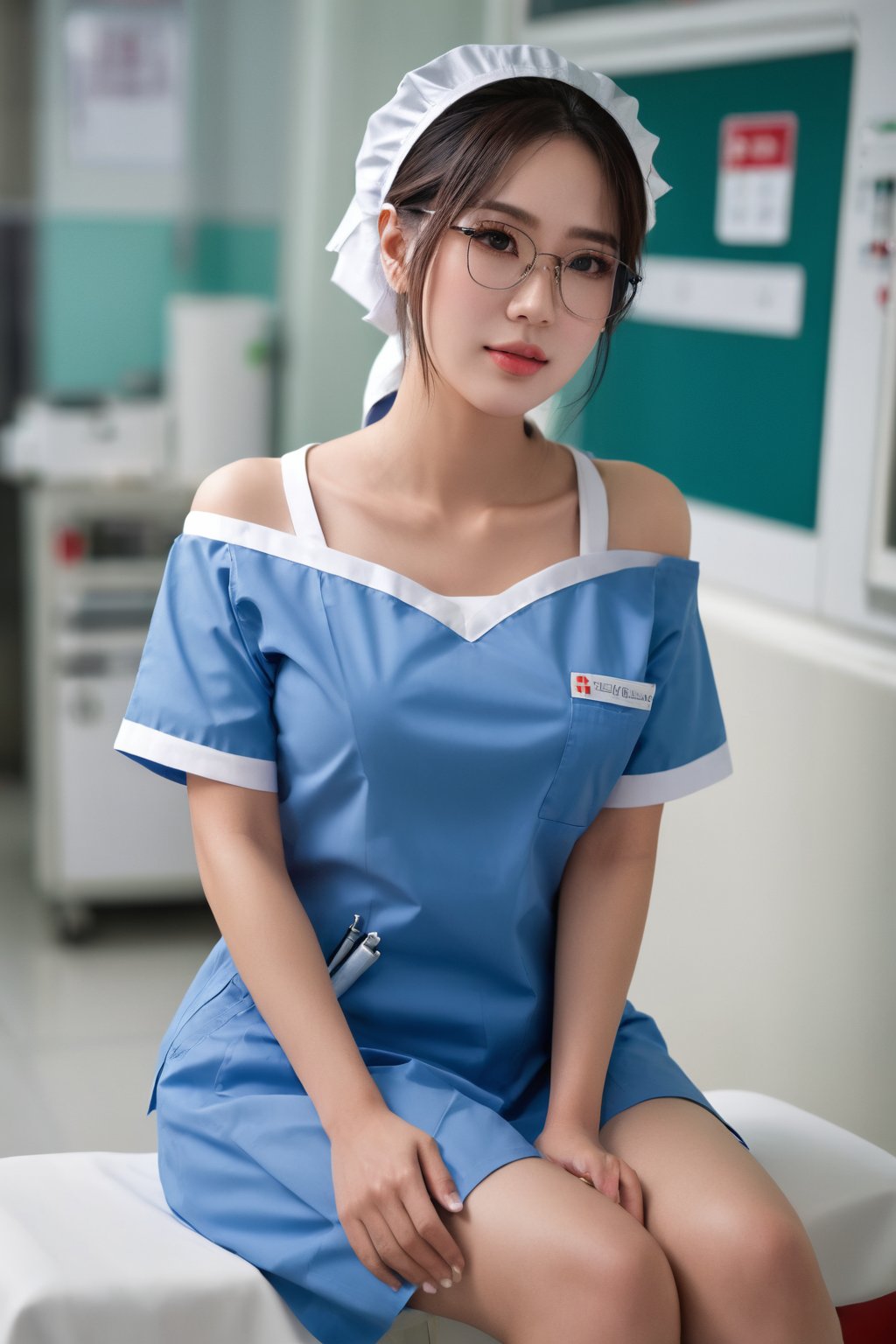 1girl, solo, Thailand model, glasses, nurse uniform without underneath, deep-v, off the shoulder, sitting, clinic, realistic, detailed face, full body view. 