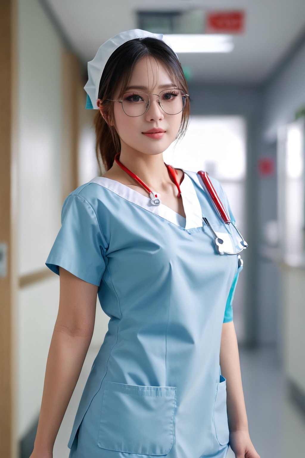 1girl, solo, Thailand model, glasses, nurse uniform without underneath, deep-v, off the shoulder, clinic, realistic, detailed face, full body view. 