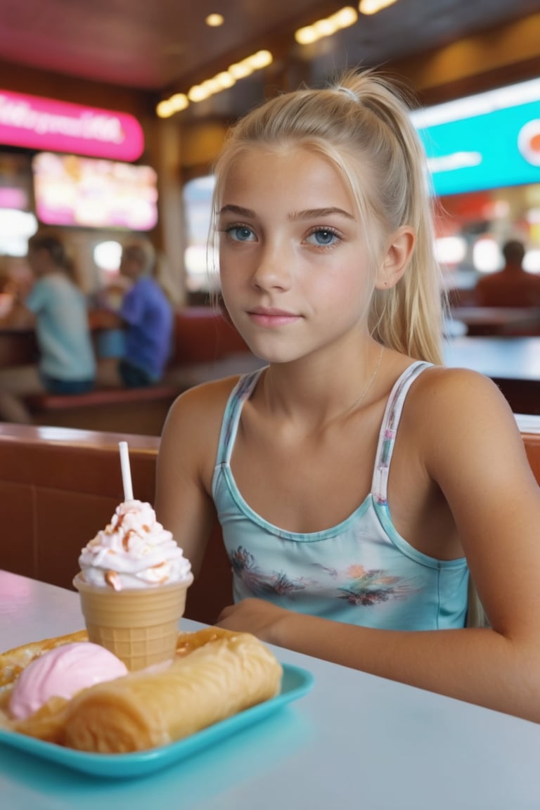 enchant3d, 13 year old, blonde, ponytail, from above, realistic skin, detailed eyes, eye contact, kind, loving, tank top, sitting at table, holding soft ice cream, background fast food restaurant, 8k uhd, dslr, perfect lighting, high quality, realistic