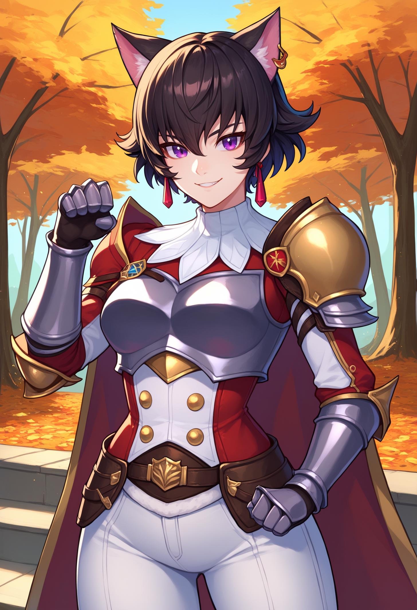score_9, score_8_up, score_7_up, BREAK 1girl, solo, FioRayne, purple eyes, black hair, short hair, dangle earrings, ArmFio, red cape, white collar, millitary uniform, grey armor, shoulder armor, breastplate, armored gloves, belt, fur trim, white pants, <lora:FioraynePDXL_V1-Manityro-CAME:1.0>, outdoors, autumn, day, looking at viewer, smile, (:3, cat ears, paw pose:1.2)