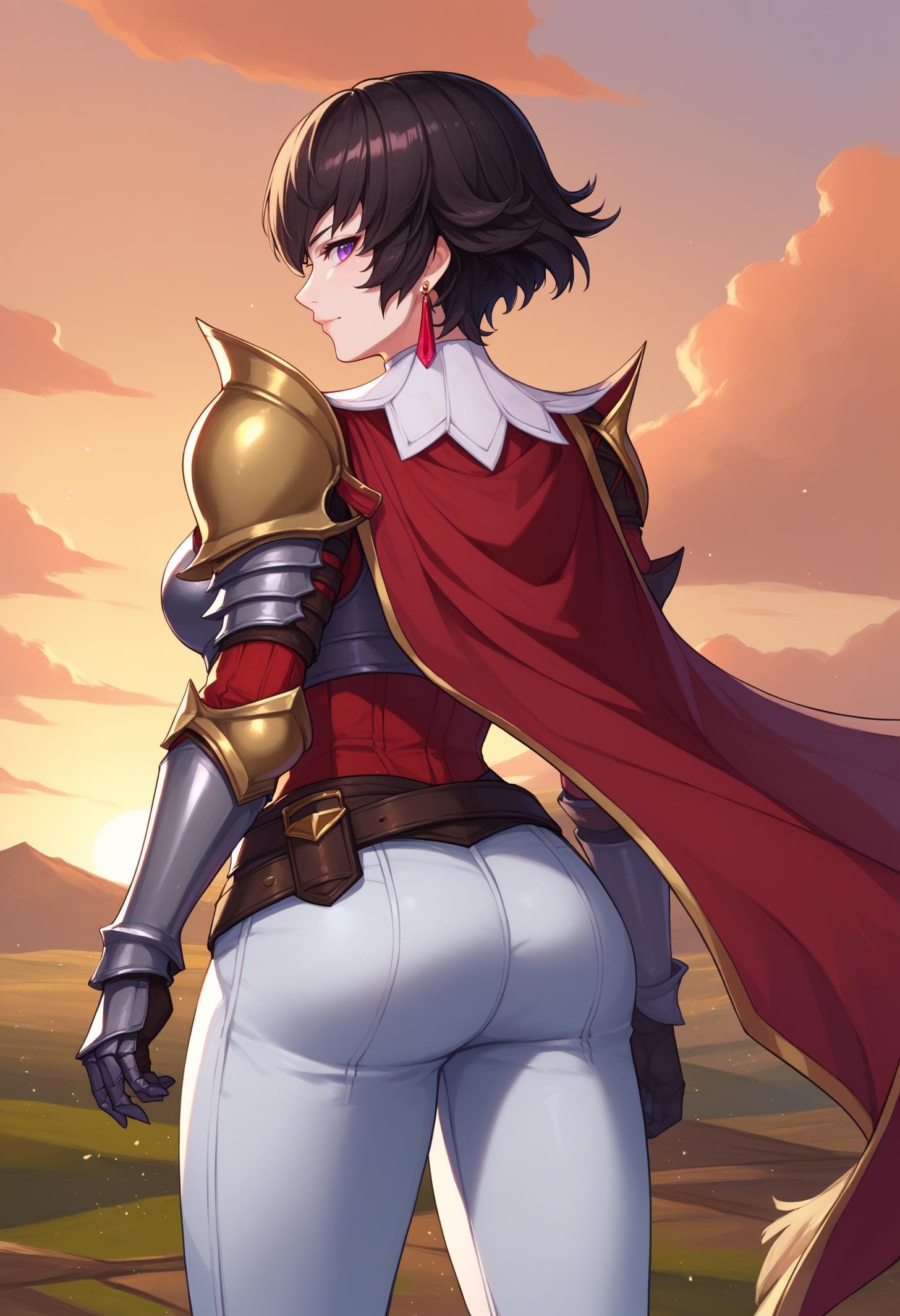 score_9, score_8_up, score_7_up, BREAK 1girl, solo, FioRayne, purple eyes, black hair, short hair, dangle earrings, ArmFio, red cape, grey armor, shoulder armor, armored gloves, belt, fur trim, white pants, <lora:FioraynePDXL_V1-Manityro-CAME:1.0>, outdoors, sunset, wind, clouds, looking at viewer, from behind