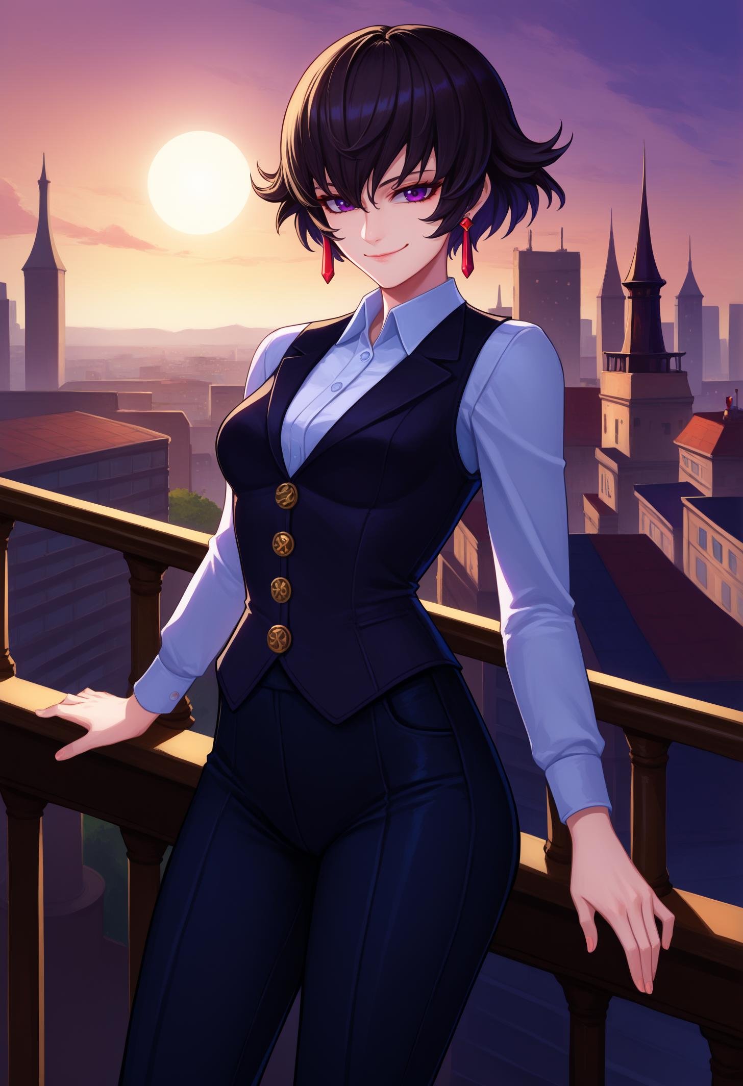 score_9, score_8_up, score_7_up, BREAK 1girl, solo, FioRayne, purple eyes, black hair, short hair, dangle earrings, medium breasts, <lora:FioraynePDXL_V1-Manityro-CAME:1.0>, outdoors, steampunk city, day, sun, looking at viewer, smirk, white collared shirt, black vest, business pants, suit pants, against railing, 