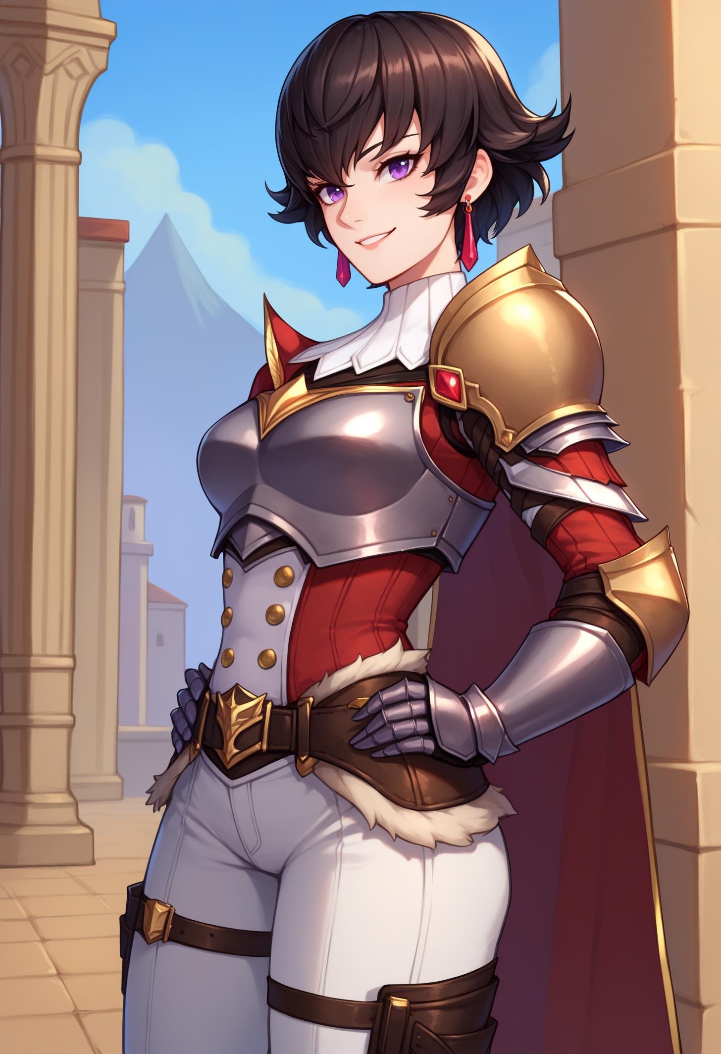 score_9, score_8_up, score_7_up, BREAK 1girl, solo, FioRayne, purple eyes, black hair, short hair, dangle earrings, ArmFio, red cape, military uniform, grey armor, shoulder armor, breastplate, armored gloves, belt, fur trim, white pants, thigh strap, thigh boots, <lora:FioraynePDXL_V1-Manityro-CAME:1.0>, outdoors, day, looking up, smile, superhero pose, hands on hips, side view