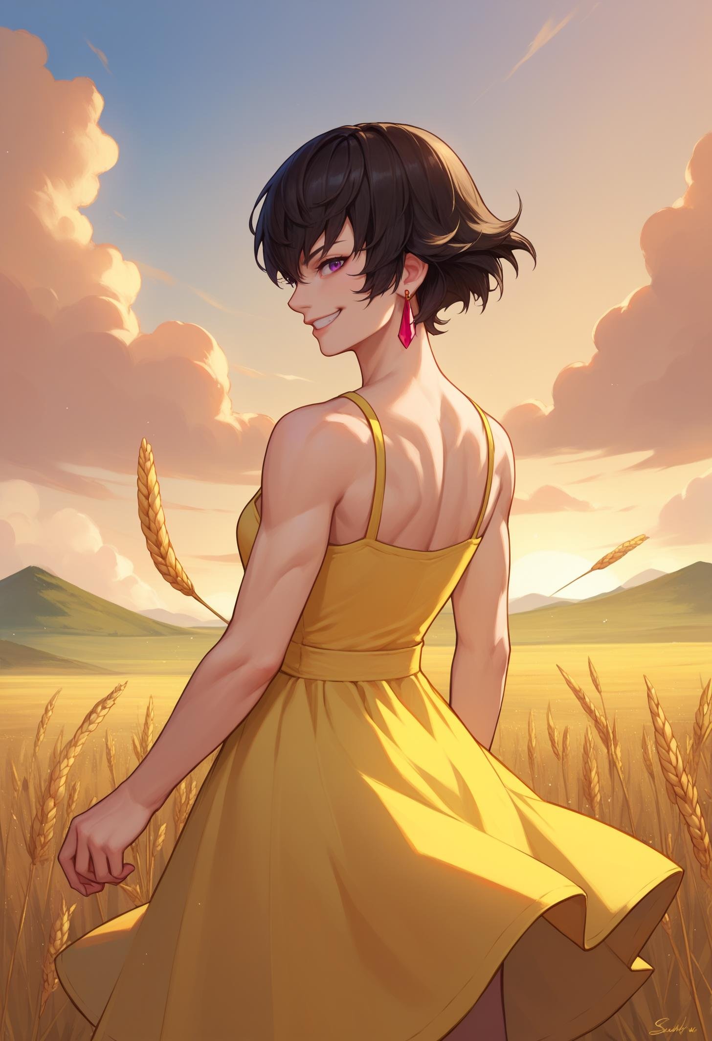 score_9, score_8_up, score_7_up, BREAK 1girl, solo, FioRayne, purple eyes, black hair, short hair, dangle earrings, <lora:FioraynePDXL_V1-Manityro-CAME:1.0>, outdoors, wheat field, sunset, wind, clouds, looking at viewer, grin, yellow sundress, rear view, fit