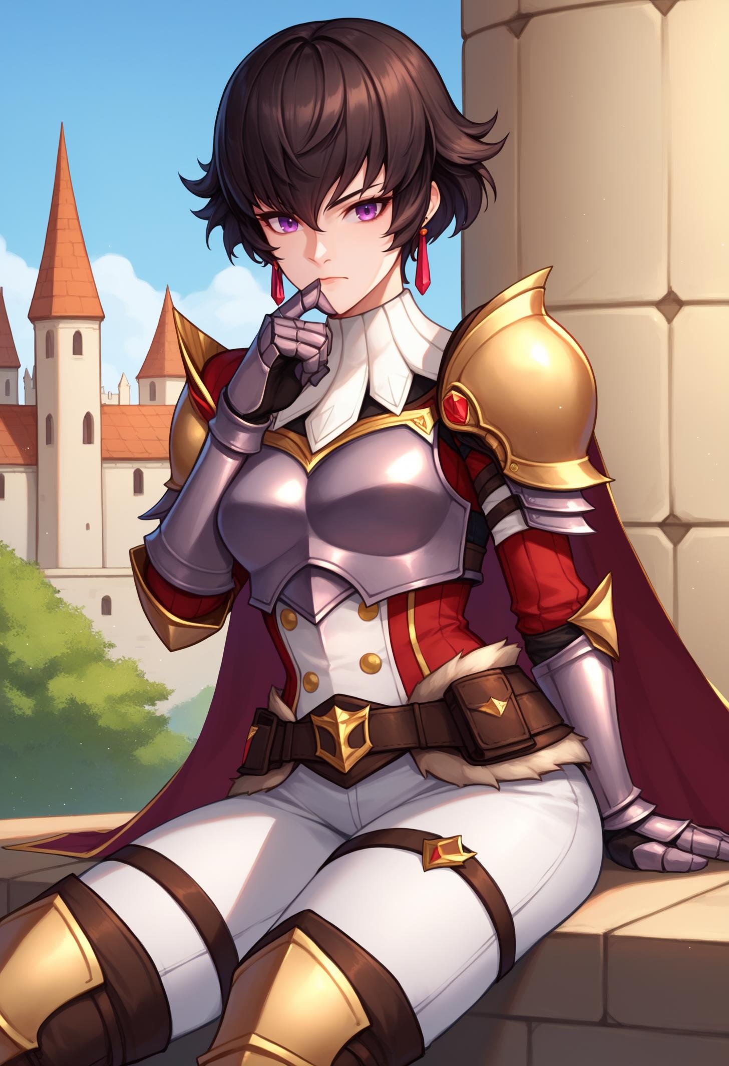 score_9, score_8_up, score_7_up, BREAK 1girl, solo, FioRayne, purple eyes, black hair, short hair, dangle earrings, ArmFio, red cape, military uniform, grey armor, shoulder armor, breastplate, armored gloves, fur belt, white pants, thigh strap, thigh boots, <lora:FioraynePDXL_V1-Manityro-CAME:1.0>, outdoors, castle, day, looking at viewer, sitting, thinking pose, hand on chin,
