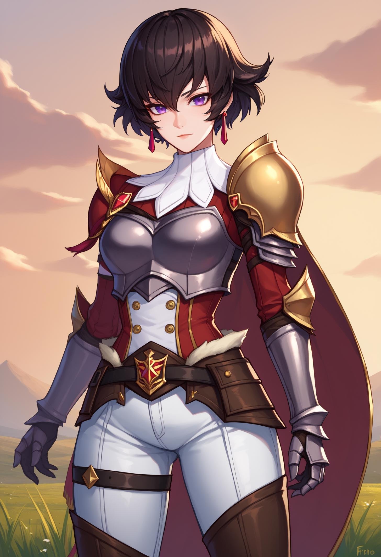 score_9, score_8_up, score_7_up, BREAK 1girl, solo, FioRayne, purple eyes, black hair, short hair, dangle earrings, ArmFio, grey armor, military uniform, red cape, white collar, shoulder armor, gauntlets, belt, fur trim, white pants, thigh strap, knee boots, <lora:FioraynePDXL_V1-Manityro-CAME:1.0>, outdoors, sunset, wind, clouds, looking at viewer, rapier