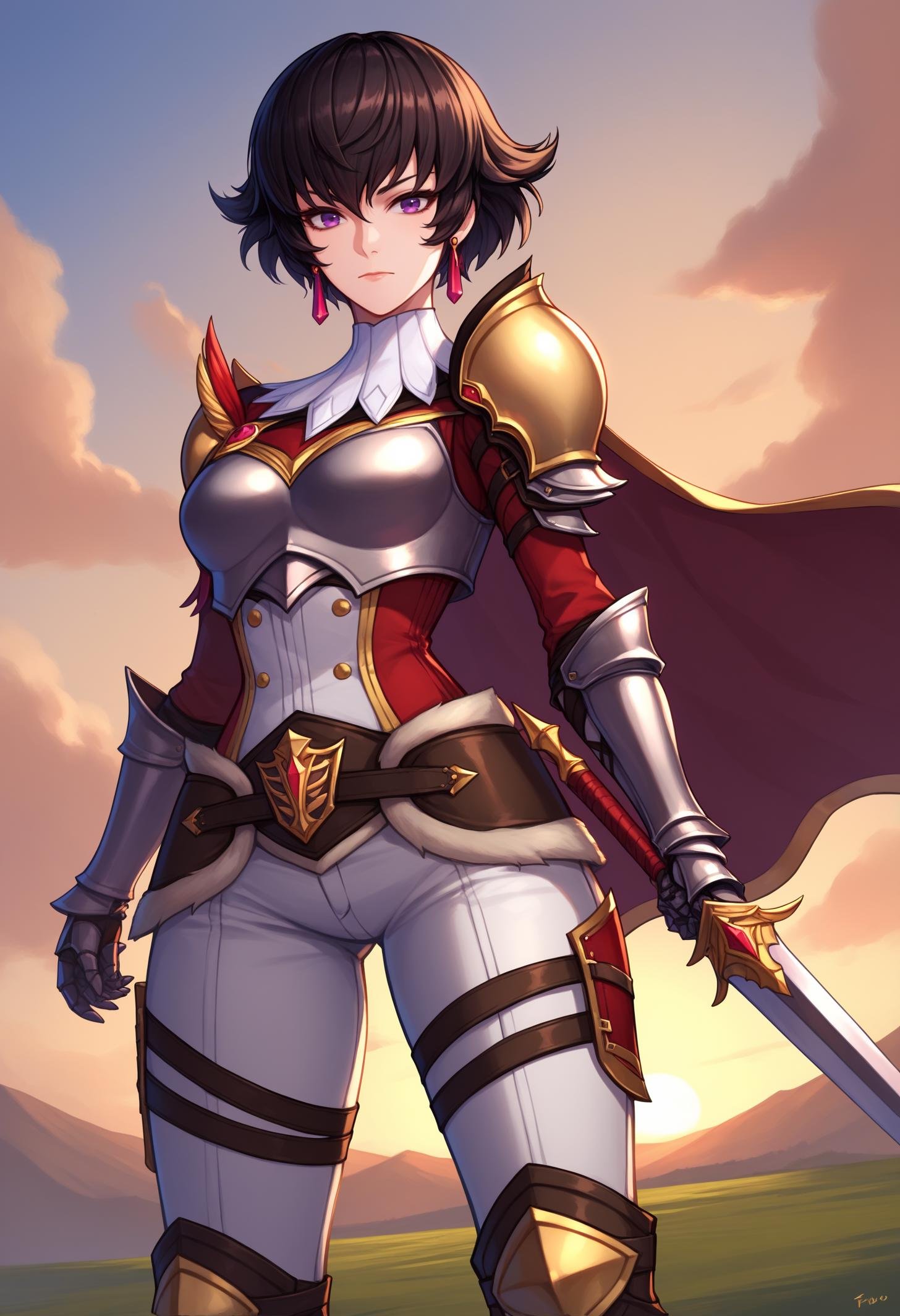 score_9, score_8_up, score_7_up, BREAK 1girl, solo, FioRayne, purple eyes, black hair, short hair, dangle earrings, ArmFio, red cape, grey armor, shoulder armor, gauntlets, fur belt, white pants, thigh strap, thigh boots, <lora:FioraynePDXL_V1-Manityro-CAME:1.0>, outdoors, sunset, wind, clouds, looking at viewer, rapier, holding weapon, holding shield