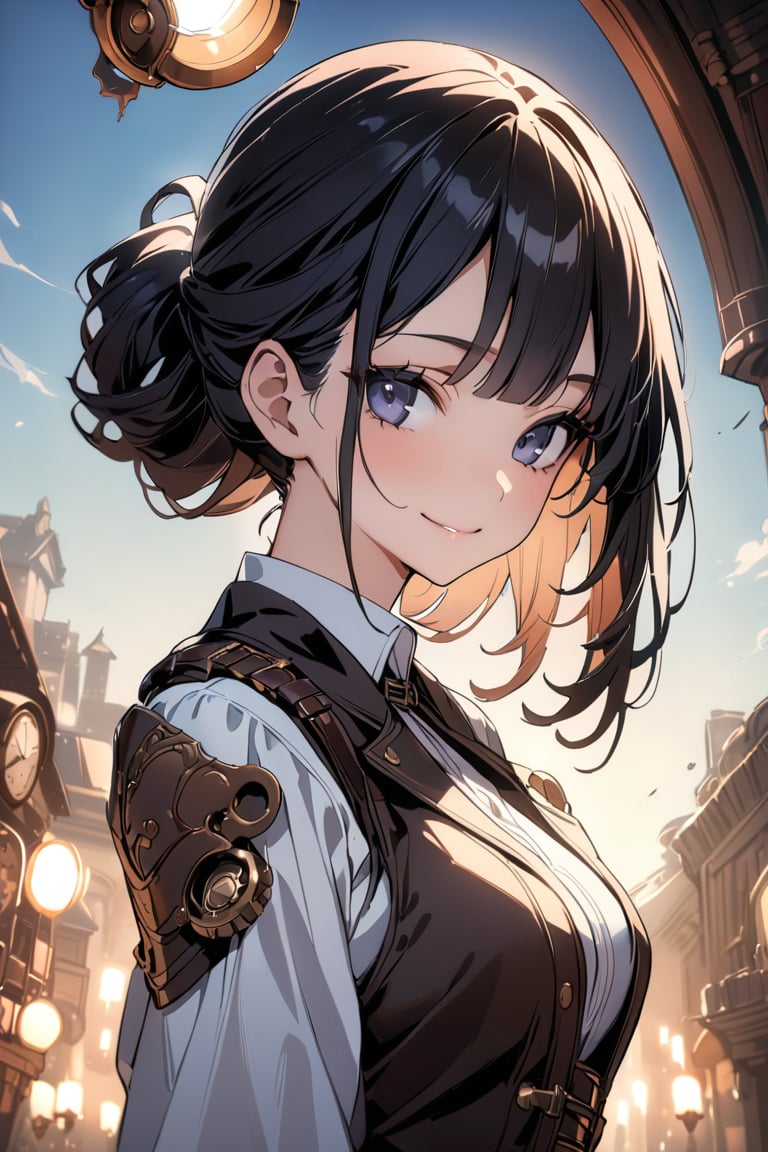 best quality, masterpiece, extremely detailed, 1girl, solo, smile,looking at viewer, bangs, blunt bangs, half updo, black hair, medium hair,standing, upper body,shoulder armor, jacket,white shirts,sky,belt,lace up vest,fantasy,steampunk,Cinematographic lighting, from side,