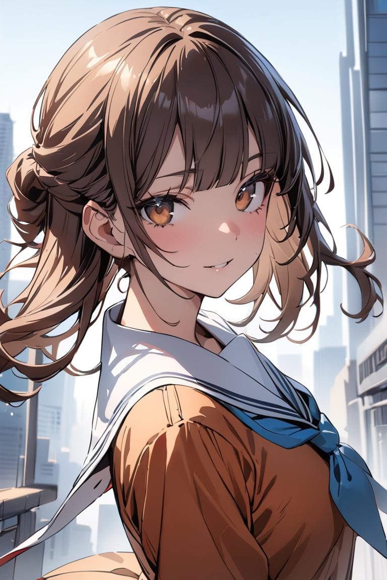 best quality, masterpiece, extremely detailed,intricate details, detailed eyes, super detail, hyper detail, 1girl,  solo, looking at viewer, bangs, blunt bangs, half updo, brown hair, brown eyes, standing, stylish pose, upper body, Bright on the face, Details of face, dancing in the wind,  school uniform, city, front view, concept art, Cinematographic lighting,  from side,