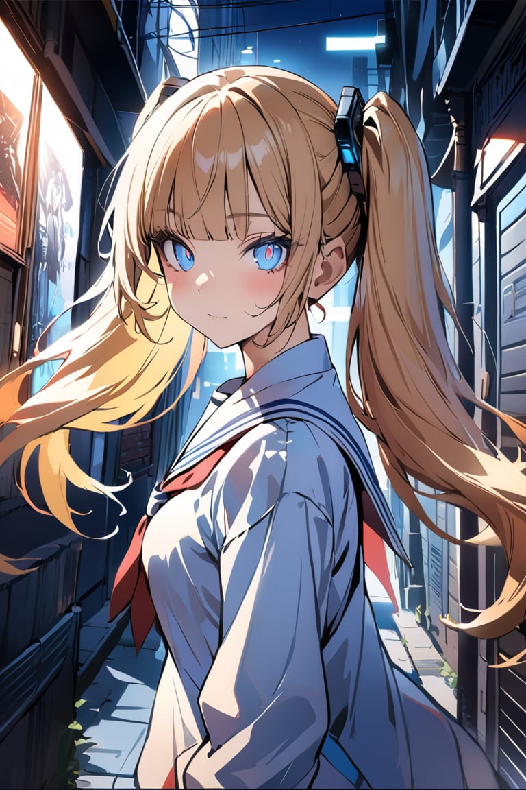 best quality, masterpiece, extremely detailed, cyber, cybernetic,intricate details, detailed eyes, super detail, hyper detail, 1girl,  solo, looking at viewer, bangs, blunt bangs, twin_tails are, two-tone-hair, blonde hair, blue eyes, standing, stylish pose, upper body, Bright on the face, Details of face, Long hair, dancing in the wind,  school uniform, lace-up boots,  back alley city, front view, concept art,  Cinematographic lighting,  from side,