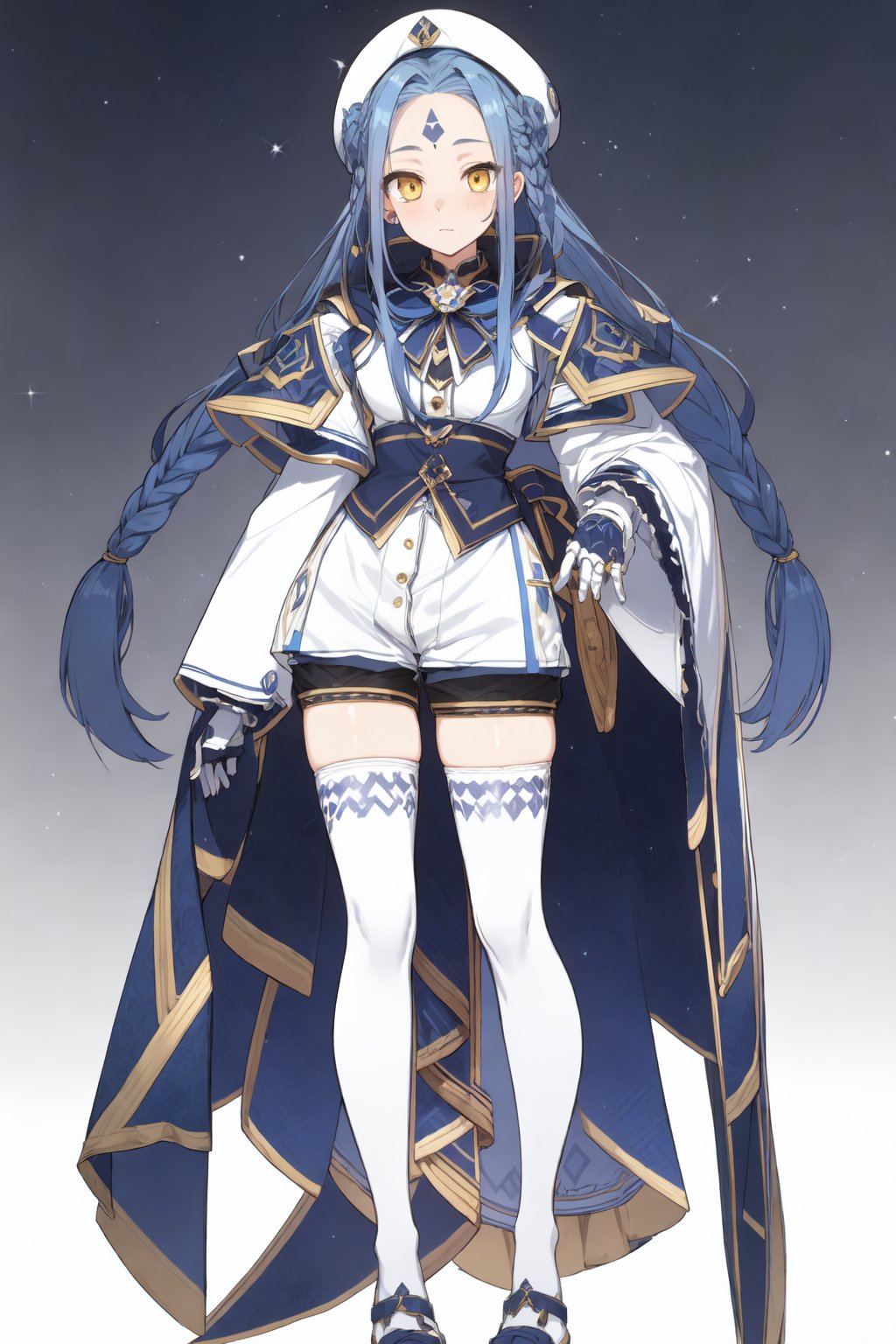 full body,  <lora:girl_20240320173627-000015:0.75>white cap, gloves, braid, blue hair,forehead mark, white thighhighs, thighhighs, long sleeves, yellow eyes, shorts, wide sleeve,long hair,, masterpiece, best quality,intricate details