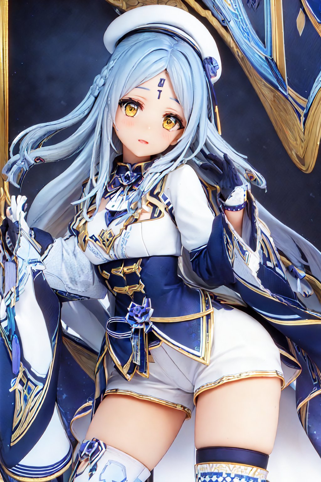 <lora:girl_20240320173627-000015:0.8>white cap, gloves, braid, blue hair,forehead mark, white thighhighs, thighhighs, long sleeves, yellow eyes, shorts, wide sleeve,long hair,, masterpiece, best quality,intricate details