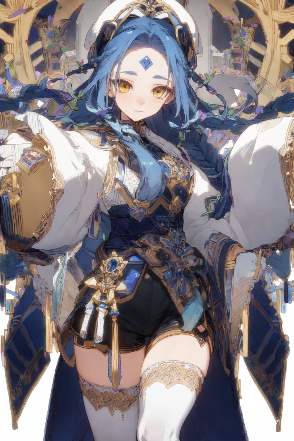 <lora:girl_20240320173627-000015:0.75>white cap, gloves, braid, blue hair,forehead mark, white thighhighs, thighhighs, long sleeves, yellow eyes, shorts, wide sleeve,long hair,, masterpiece, best quality,intricate details