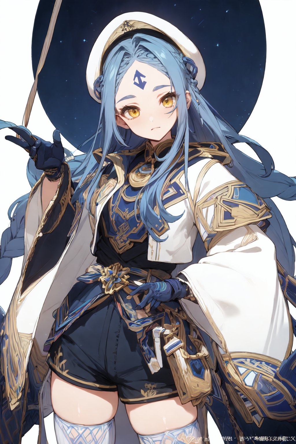 <lora:girl_20240320173627-000015:0.8>white cap, gloves, braid, blue hair,forehead mark, white thighhighs, thighhighs, long sleeves, yellow eyes, shorts, wide sleeve,long hair,, masterpiece, best quality,intricate details