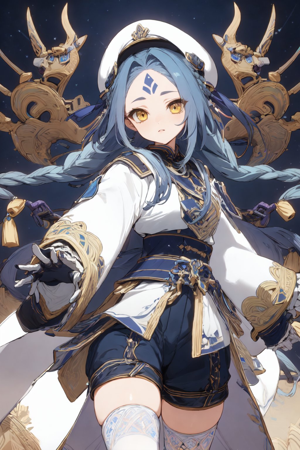 <lora:girl_20240320173627-000015:0.8>white cap, gloves, braid, blue hair,forehead mark, white thighhighs, thighhighs, long sleeves, yellow eyes, shorts, wide sleeve,long hair,, masterpiece, best quality,intricate details