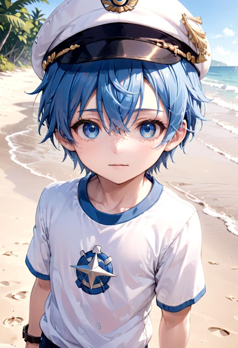 <lora:aoi SDXL_epoch_23:0.6>,1boy, aoi, blue hair,  masterpiece, ultra detail, beach, blue eyes, cute shirt, captain cap,(masterpiece:1.2), best quality, high resolution, unity 8k wallpaper, (illustration:0.8), (beautiful detailed eyes:1.6), extremely detailed face, perfect lighting, extremely detailed CG, (perfect anatomy),