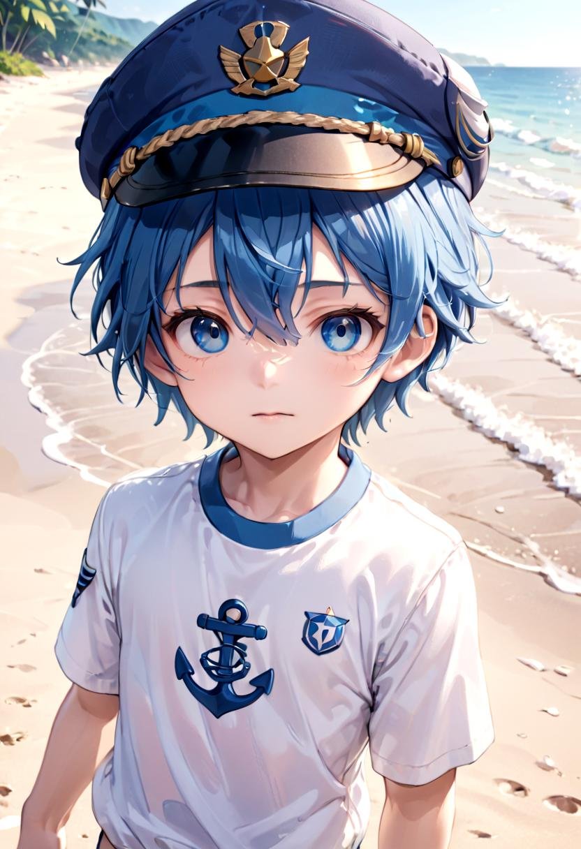 <lora:aoi SDXL_epoch_23:0.6>,1boy, aoi, blue hair,  masterpiece, ultra detail, beach, blue eyes, cute shirt, captain cap,(masterpiece:1.2), best quality, high resolution, unity 8k wallpaper, (illustration:0.8), (beautiful detailed eyes:1.6), extremely detailed face, perfect lighting, extremely detailed CG, (perfect anatomy),