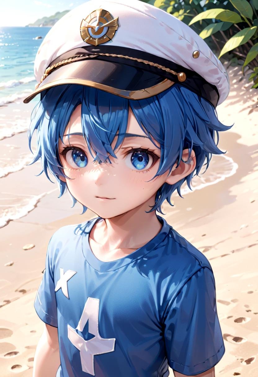 <lora:aoi SDXL_epoch_23:0.6>,1boy, aoi, blue hair,  masterpiece, ultra detail, beach, blue eyes, cute shirt, captain cap,(masterpiece:1.2), best quality, high resolution, unity 8k wallpaper, (illustration:0.8), (beautiful detailed eyes:1.6), extremely detailed face, perfect lighting, extremely detailed CG, (perfect anatomy),