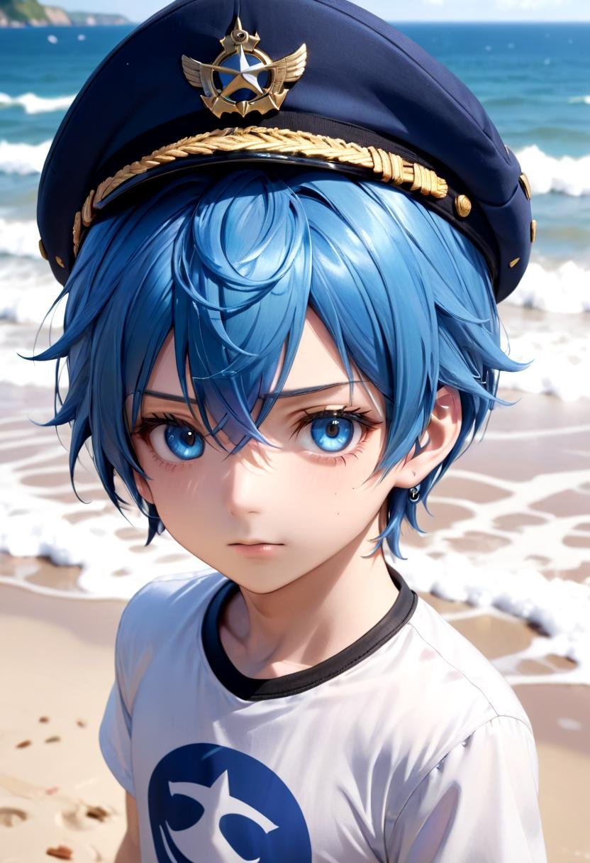 <lora:aoi-SDXL-v1:0.6>,1boy, aoi, blue hair,  masterpiece, ultra detail, beach, blue eyes, cute shirt, captain cap,(masterpiece:1.2), best quality, high resolution, unity 8k wallpaper, (illustration:0.8), (beautiful detailed eyes:1.6), extremely detailed face, perfect lighting, extremely detailed CG, (perfect anatomy),