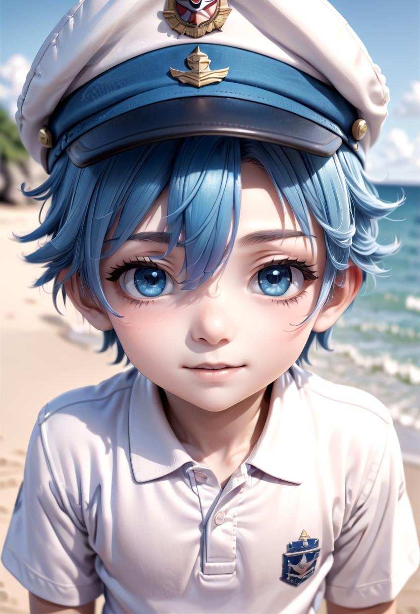 <lora:aoi SDXL_epoch_23:0.6>,1boy, aoi, blue hair,  masterpiece, ultra detail, beach, blue eyes, cute shirt, captain cap,(masterpiece:1.2), best quality, high resolution, unity 8k wallpaper, (illustration:0.8), (beautiful detailed eyes:1.6), extremely detailed face, perfect lighting, extremely detailed CG, (perfect anatomy),