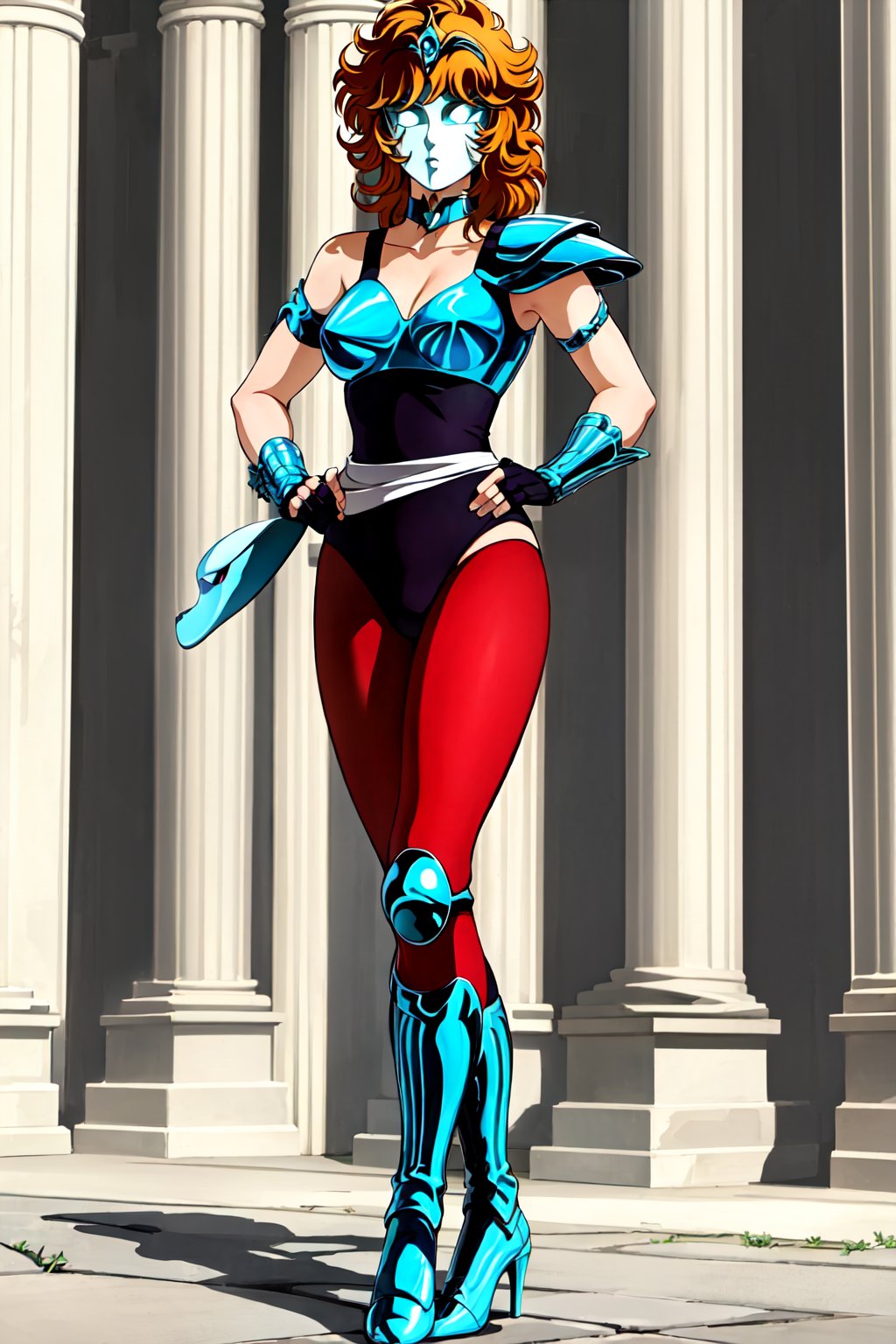 (masterpiece), (best quality), 1girl, Marin, saint seiya, orange hair, (mask), tiara, choker, armor, single shoulder pad, black_leotard, red_pantyhose, asymmetrical legwear, sash, fingerless gloves, armlet, knee pads, leg warmers, high heels, standing, greek temple outdoors background