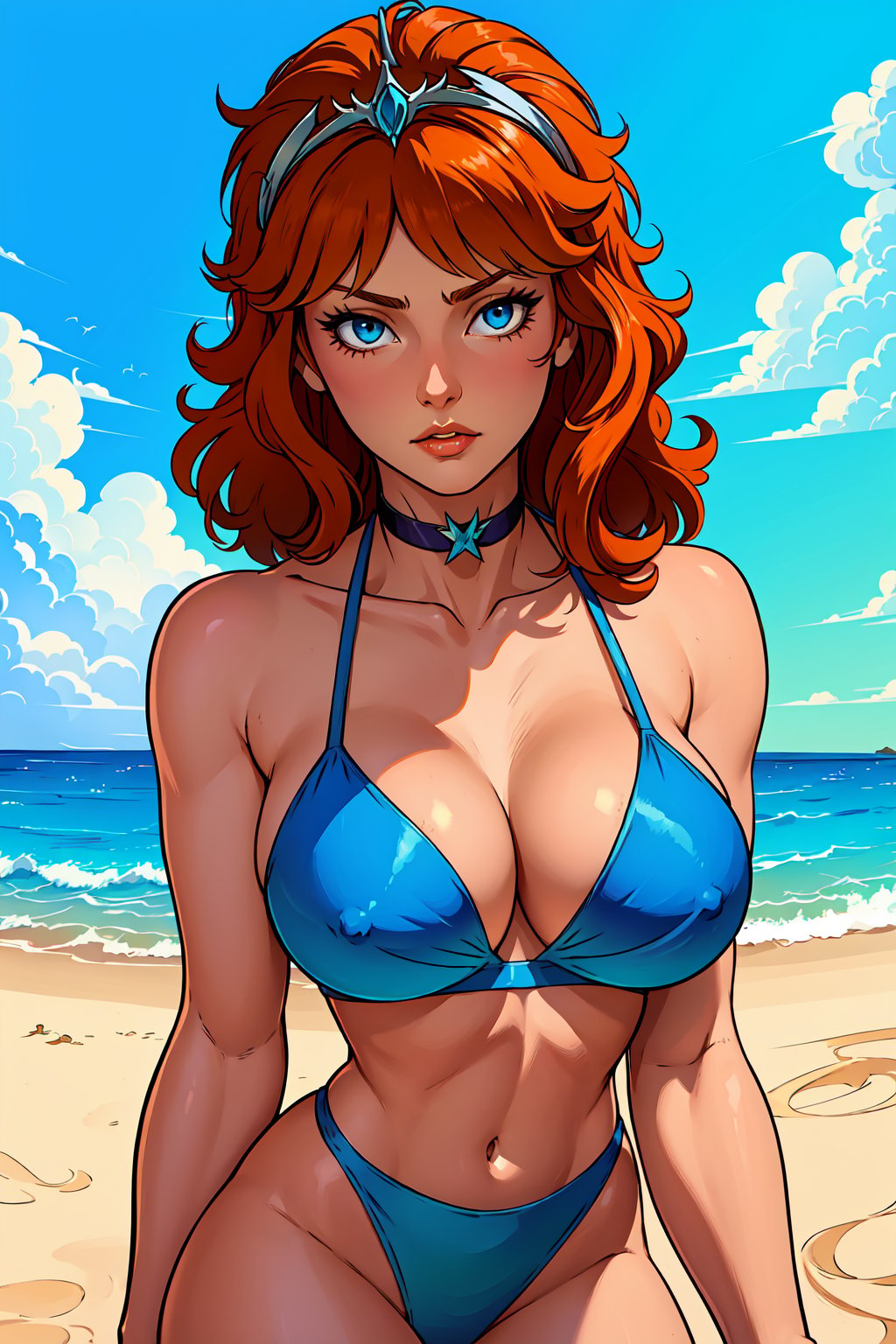 (masterpiece), (best quality), 1girl, Marin, orange hair, blue_eyes, tiara, choker, (bikini), beach, looking at viewer, (masterpiece, best quality, absurdres