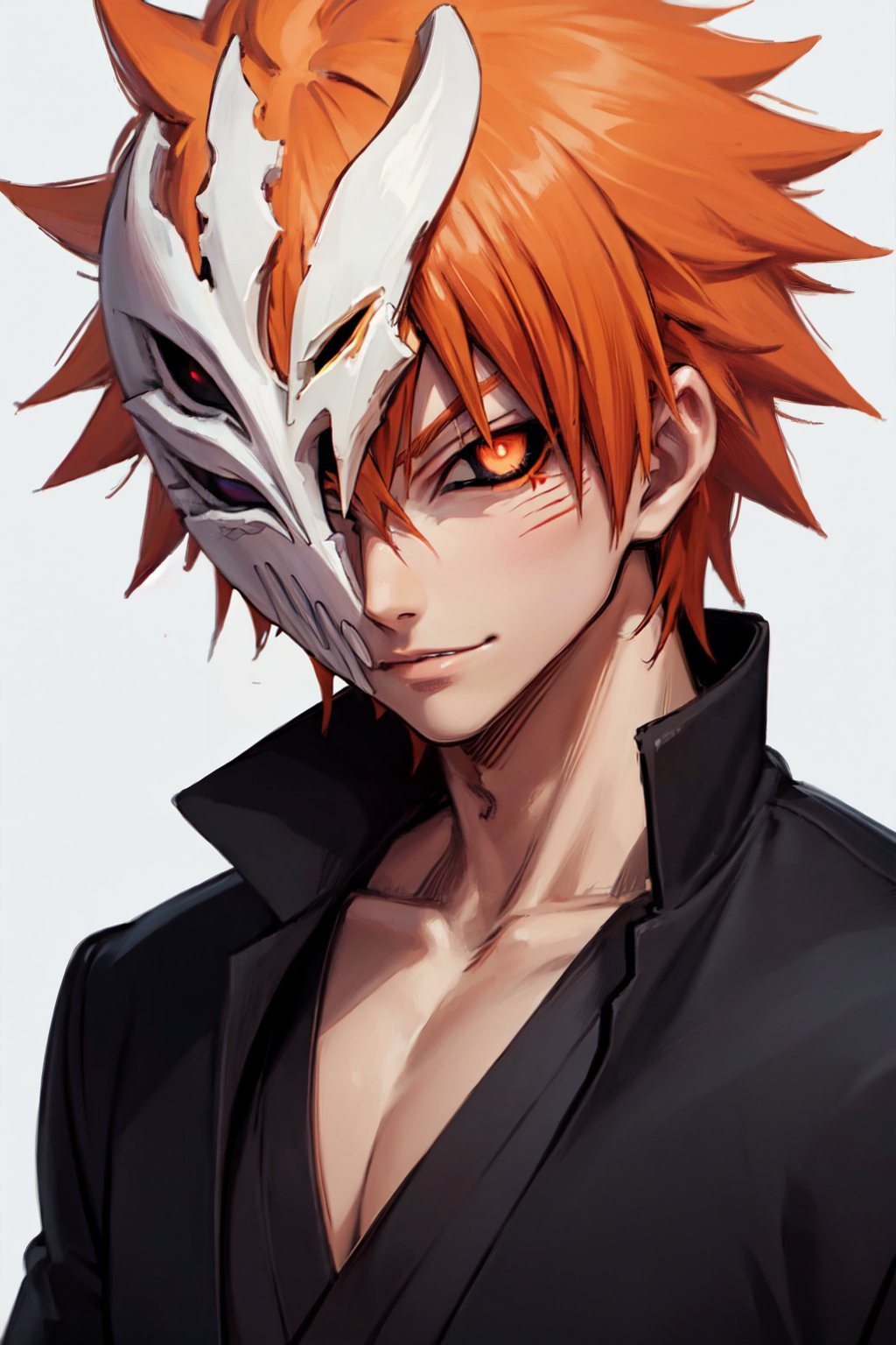 hollow mask ichigo, colored sclera, black sclera, orange hair, looking at viewer, spiked hair, male focus, solo


