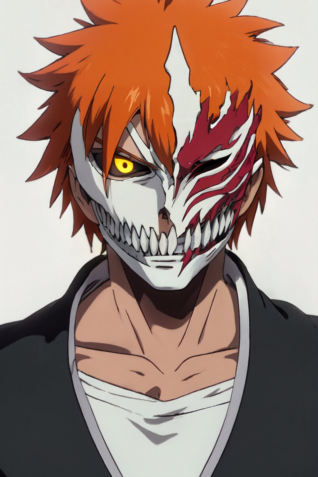 hollow mask ichigo, colored sclera, black sclera, orange hair, looking at viewer, spiked hair, male focus, solo ,ghibli