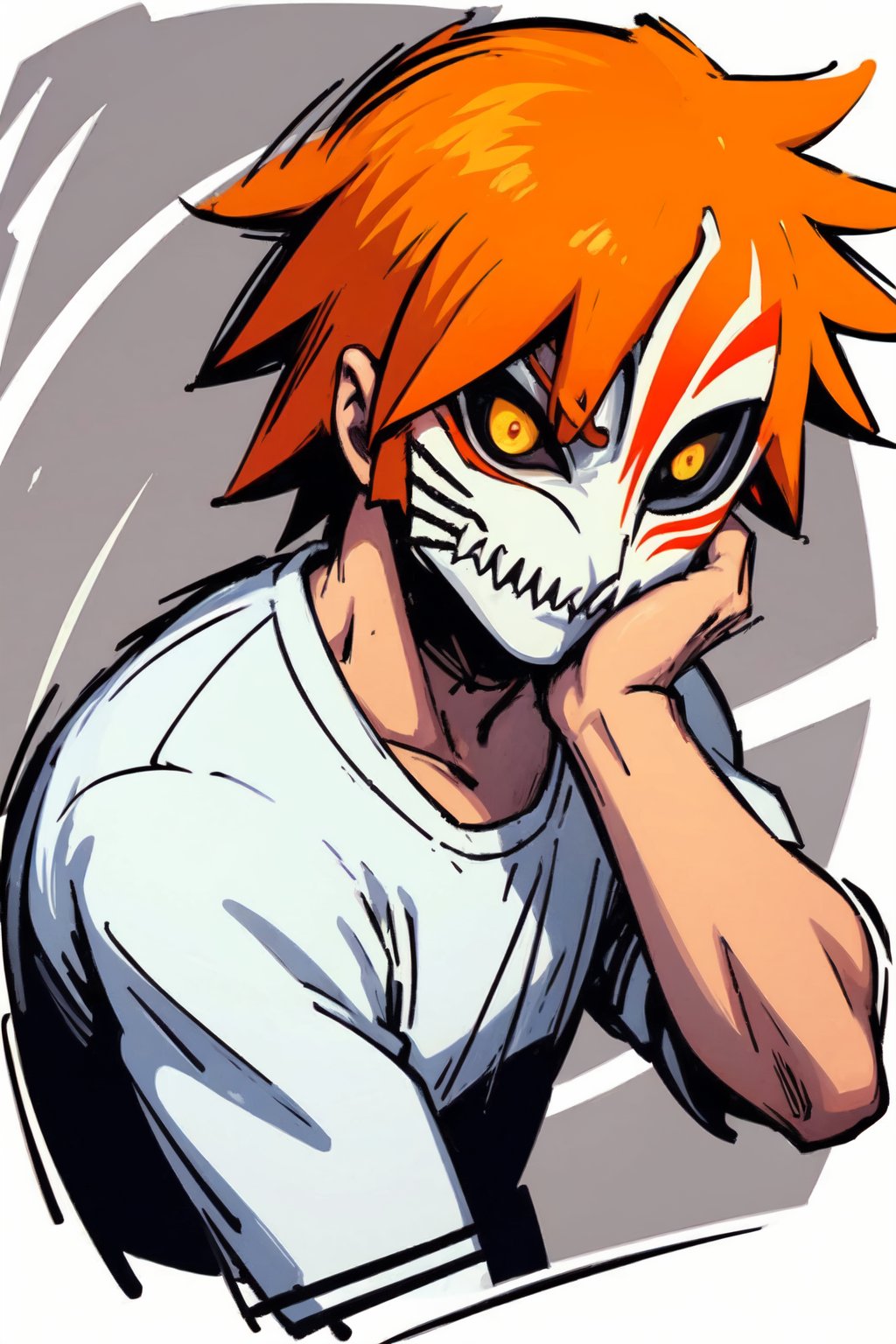 hollow mask ichigo, colored sclera, black sclera, orange hair, looking at viewer, spiked hair, male focus, solo ,cartoon,stikers_style, sketch