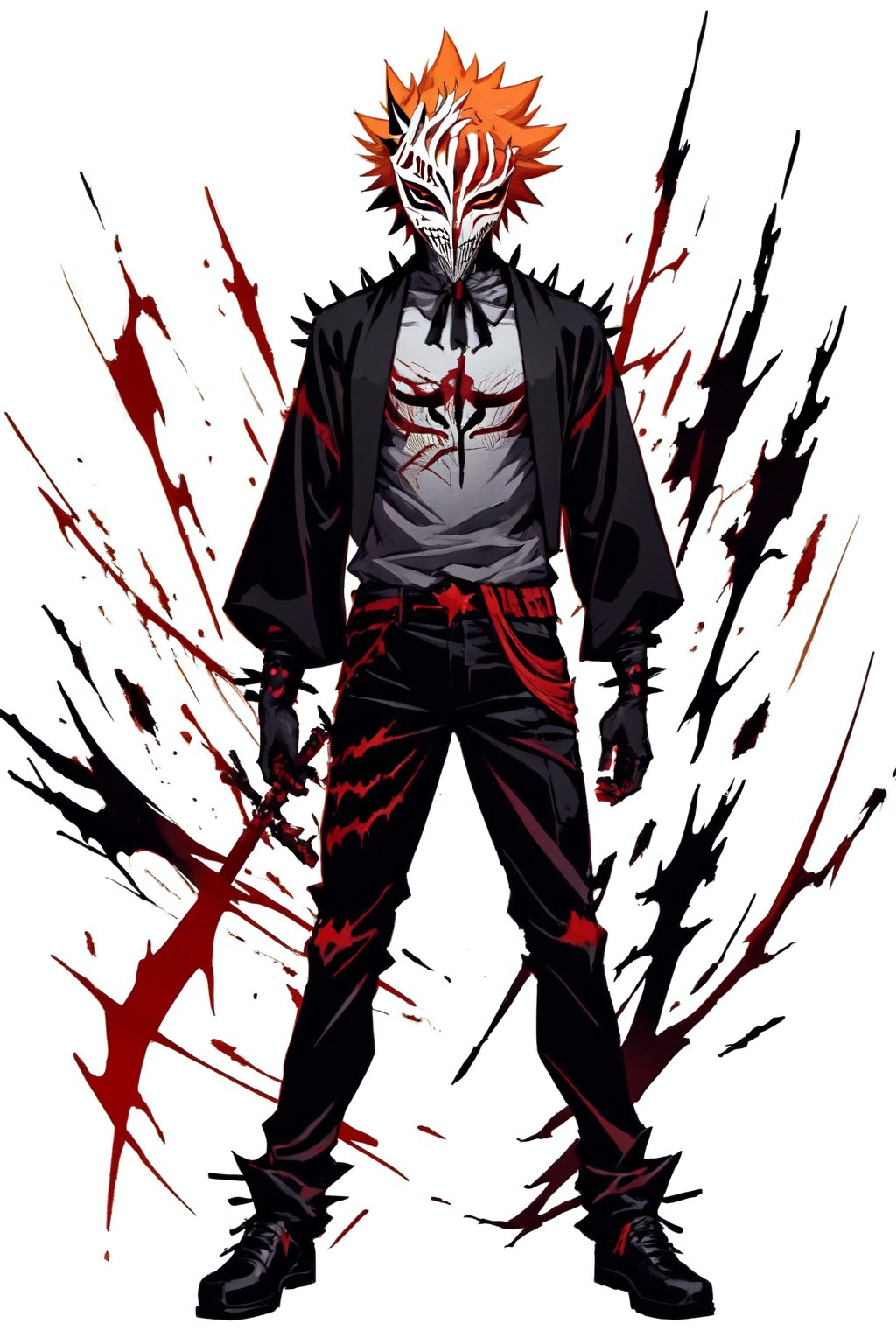 hollow mask ichigo, colored sclera, mask, black sclera, orange hair, looking at viewer, spiked hair, male focus, solo, full body, abstract art, black clothes, shinigami clothes

