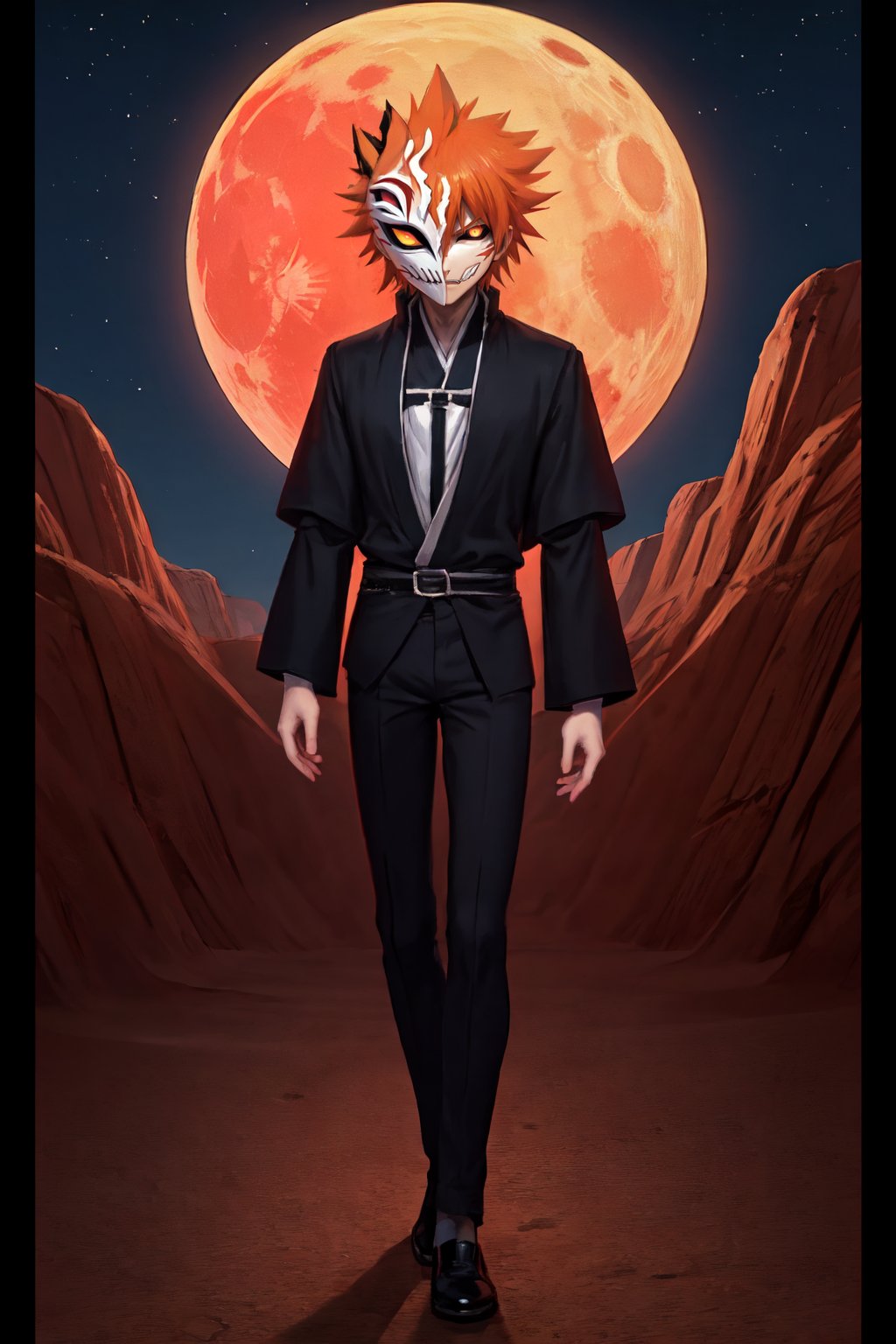 hollow mask ichigo, colored sclera, black sclera, orange hair, looking at viewer, spiked hair, male focus, solo, full body, desert, night time, yellow moon, abstract art


