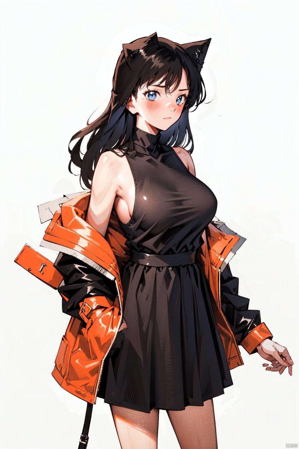 maolilan,1girl,long hair,breasts,looking at viewer,blush,bangs,blue eyes,large breasts,black hair,long sleeves,dress,closed mouth,jacket,open clothes,sleeveless,off shoulder,black dress,sideboob,sleeveless dress,pleated dress