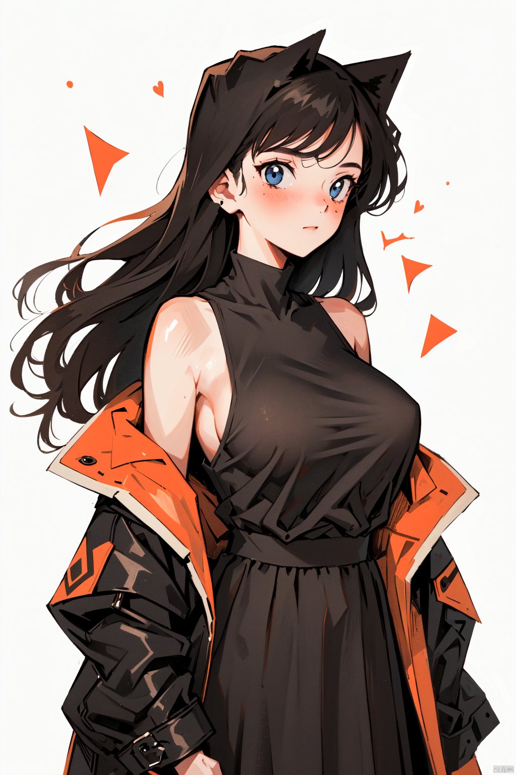 maolilan,1girl,long hair,breasts,looking at viewer,blush,bangs,blue eyes,large breasts,black hair,long sleeves,dress,closed mouth,jacket,open clothes,sleeveless,off shoulder,black dress,sideboob,sleeveless dress,pleated dress