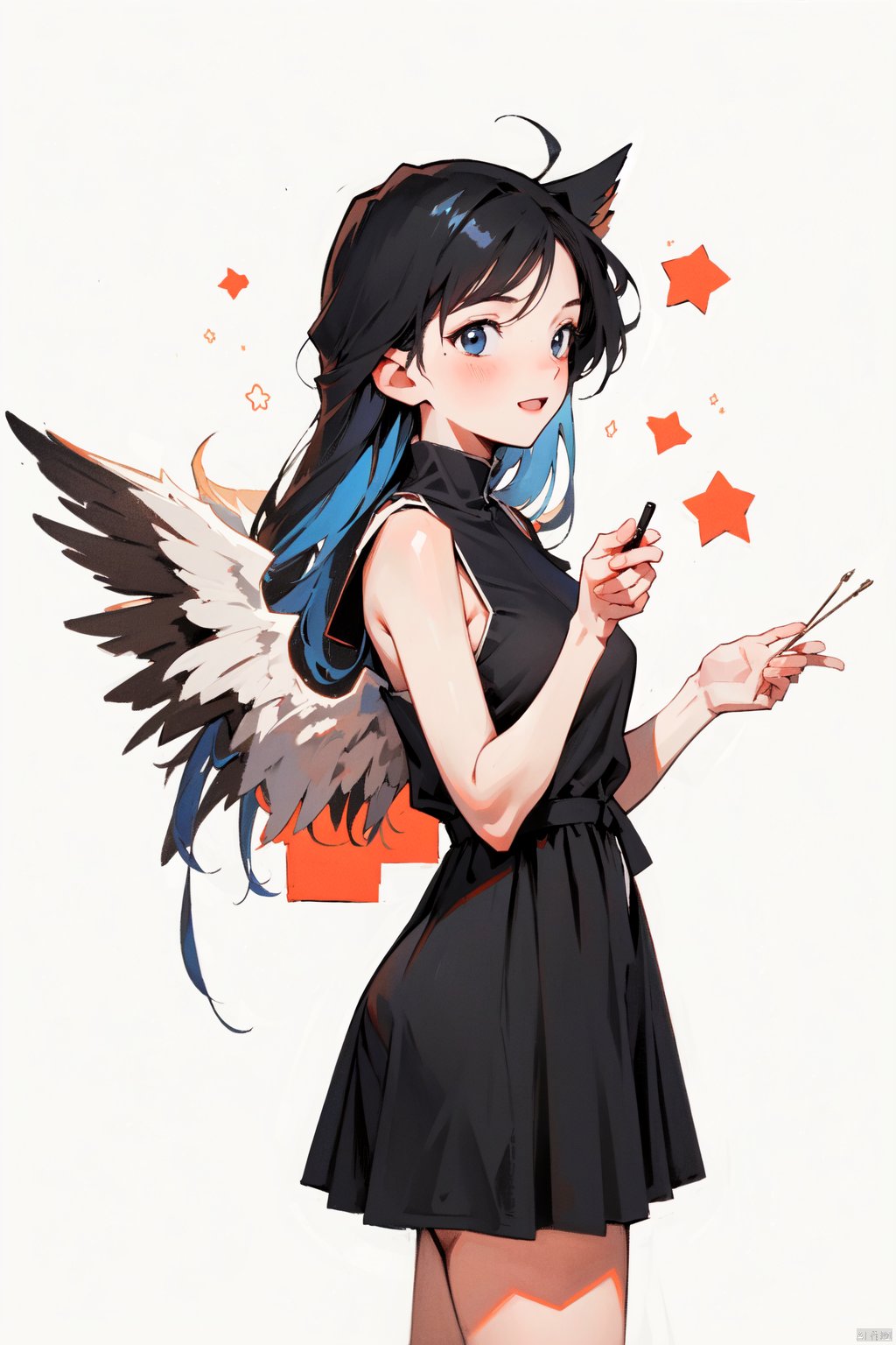  (wings:1.5),loli,petite,1girl, one_eye_closed, solo, dress, long_hair, blue_eyes, smile, blue_hair, black_dress, open_mouth, breasts, looking_at_viewer, bangs, medium_breasts, sleeveless, shiny, (\shen ming shao nv\), (\ji jian\), babata,wings, (\MBTI\), liuqiyue, jiqing, maolilan