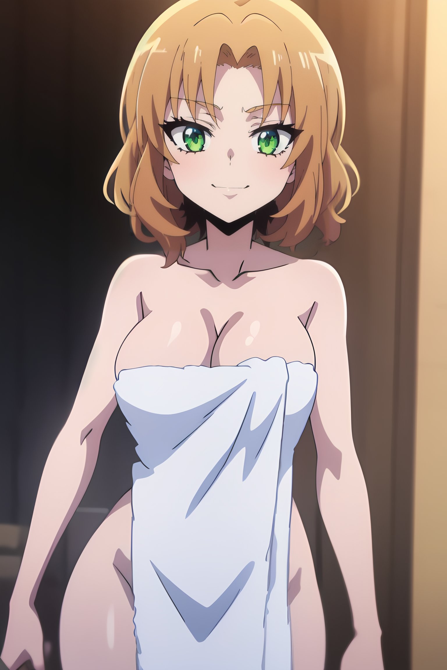 <lora:Amon Sloth:0.7> amon sloth, 1girl, short_hair, solo, green_eyes, bow, brown_hair, blonde_hair, smile,       cleavage, towel, naked_towel,  medium breasts, cowboy shot, best_quality, highres, extremely_detailed, anime perfect detailed style, 8k, masterpiece, anime art style, anime coloring,