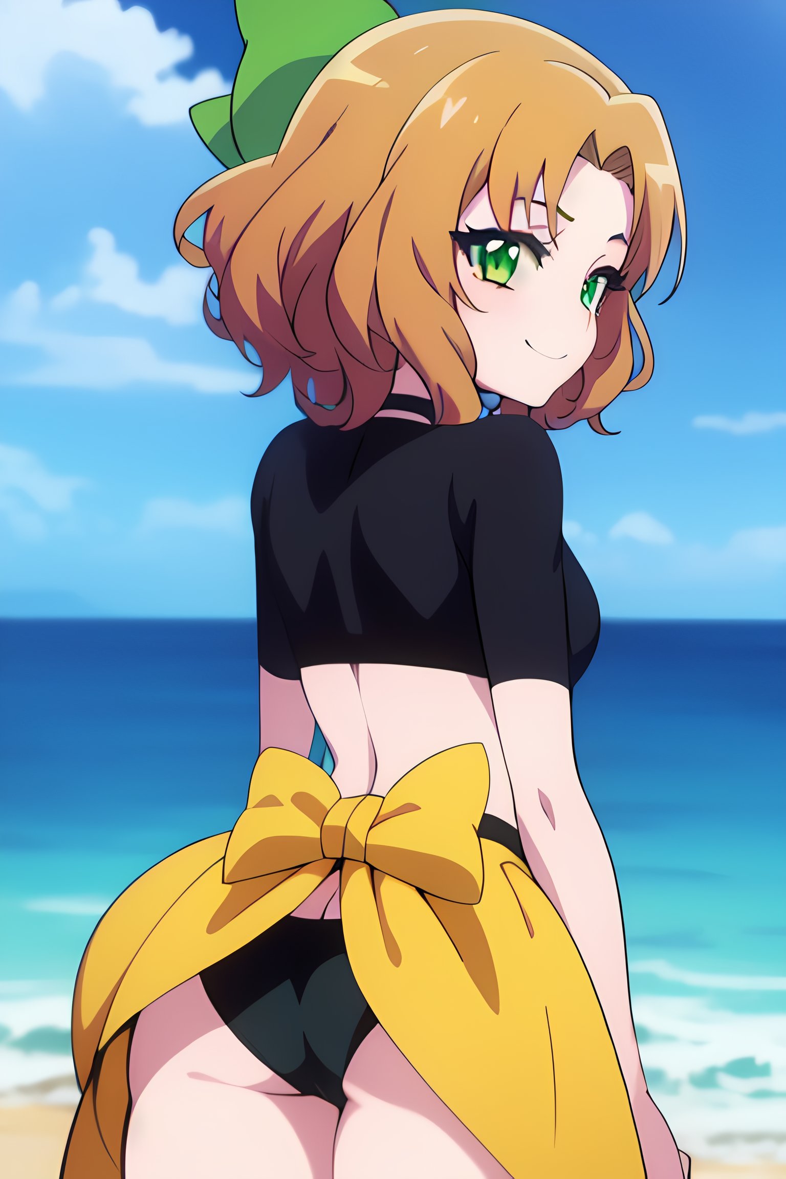 <lora:Amon Sloth:0.7> amon sloth, 1girl, short_hair, solo, green_eyes, bow, hair_bow, brown_hair, blonde_hair, smile, green_bow, choker, (black bikini:1.2), beach <lora:lightup_brightness_v200:0.2>, cowboy shot, from behind, looking back, best_quality, highres, extremely_detailed, anime perfect detailed style, 8k, masterpiece, anime art style, anime coloring,