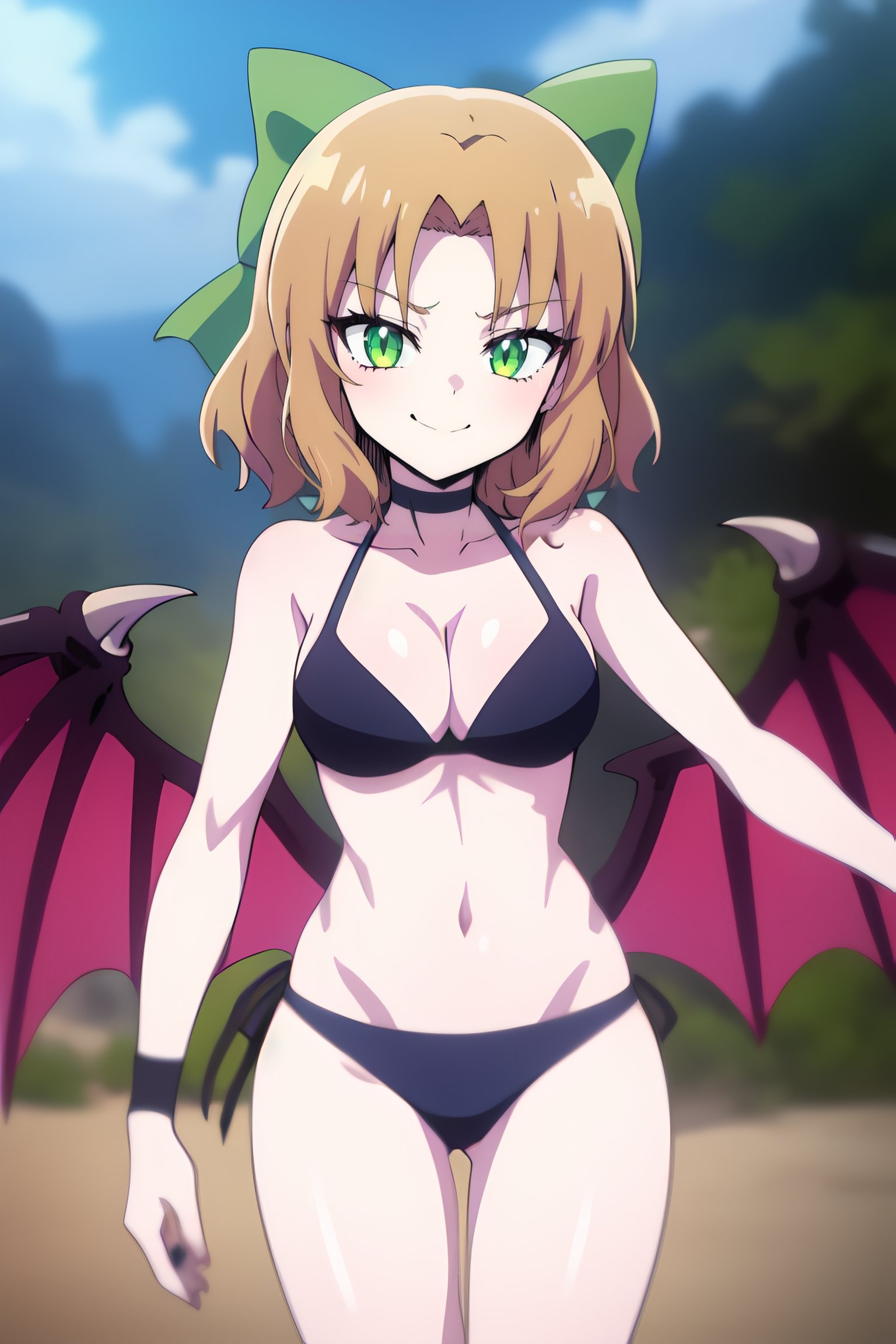 <lora:Amon Sloth:0.7> amon sloth, 1girl, short_hair, solo, green_eyes, bow, hair_bow, brown_hair, blonde_hair, smile, green_bow, wings, choker,bat_wings,  demon_wings, (bikini:1.2), demon_tail, beach <lora:lightup_brightness_v200:0.3>, cowboy shot, best_quality, highres, extremely_detailed, anime perfect detailed style, 8k, masterpiece, anime art style, anime coloring,