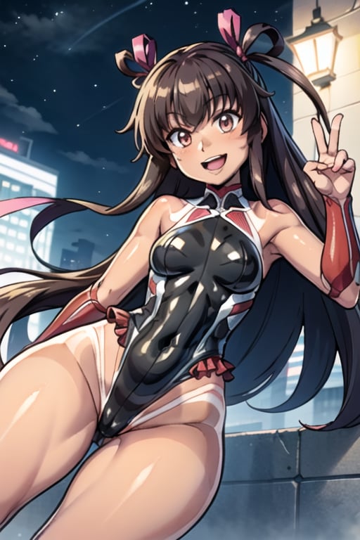 yukikaze, taimanin suit, frilled leotard, tanlines, smile, open mouth, dynamic curves, dynamic pose, night, 