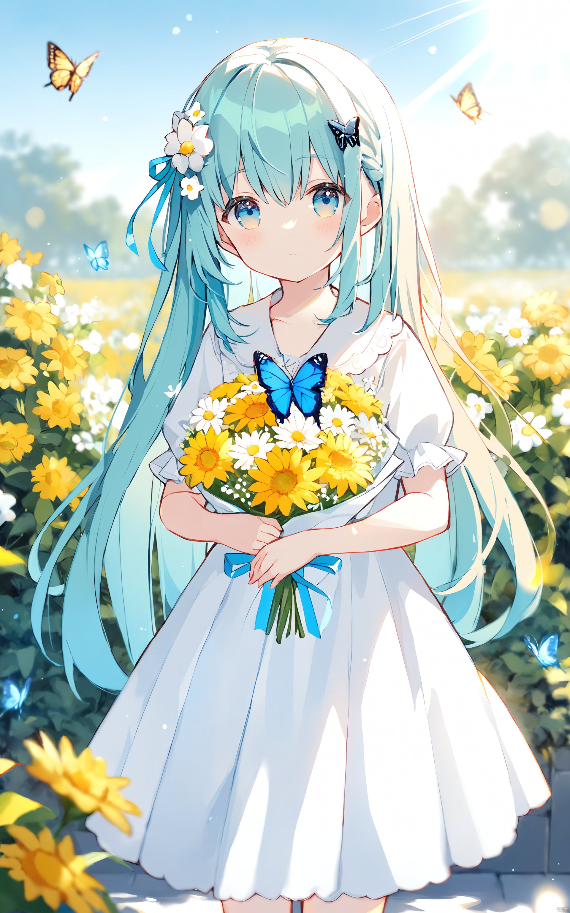 (best quality), ((masterpiece))1girl,loli,loli,loli,loli,solo,long hair,looking at viewer,bangs,blue eyes,hair ornament,dress,holding,very long hair,closed mouth,standing,flower,short sleeves,outdoors,day,white dress,blurry,aqua eyes,aqua hair,depth of field,blurry background,sunlight,bug,plant,white flower,butterfly,bouquet,yellow flower,holding flower,butterfly hair ornament,holding bouquet,blue butterfly,gradient eyes,hair_flower