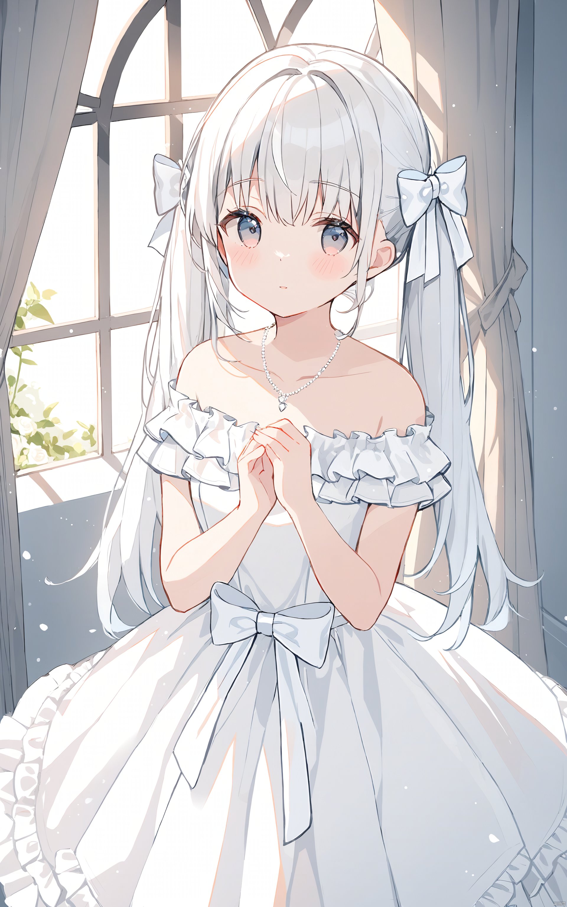 (best quality), ((masterpiece))Thin lines, 1girl, white theme, dress, solo, white dress, necklace, jewelry, long hair, looking at viewer, white hair, bow, hair bow, window, bird, blush, bangs, frills, curtains, off shoulder, white bow, bare shoulders, off-shoulder dress, twintails, wedding dress, own hands together