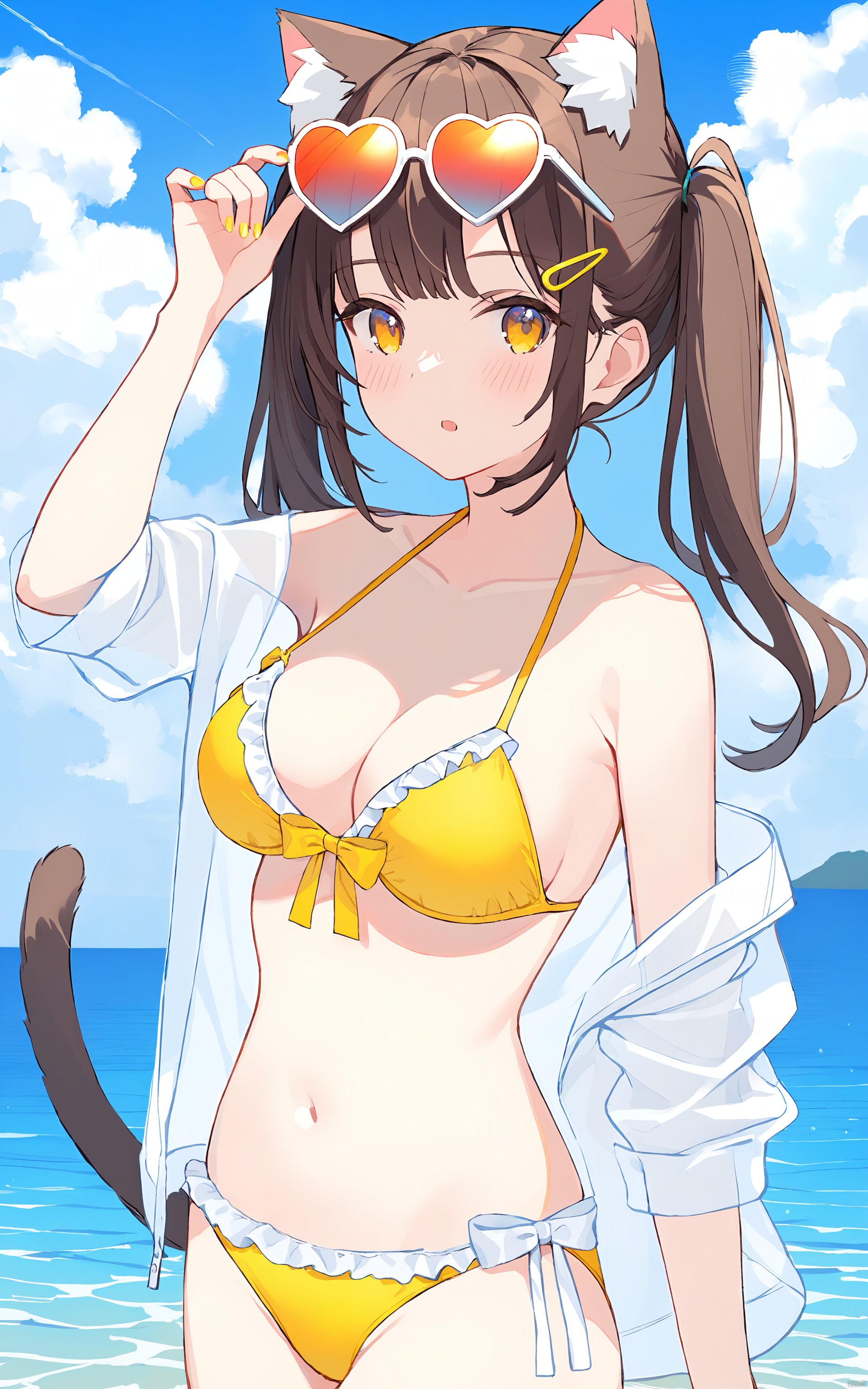 (best quality), ((masterpiece))Thin lines, 1girl, solo, animal ears, brown hair, swimsuit, cat ears, hair ornament, breasts, bikini, eyewear on head, outdoors, heart, day, twintails, tail, open clothes, navel, heart-shaped eyewear, cat tail, long hair, yellow bikini, medium breasts, cloud, sky, looking at viewer, sunglasses, frills, cat girl, ocean, cleavage, white shirt, blue sky, shirt, collarbone, bangs, off shoulder, blush, horizon, hairclip, bare shoulders, yellow nails, hand up