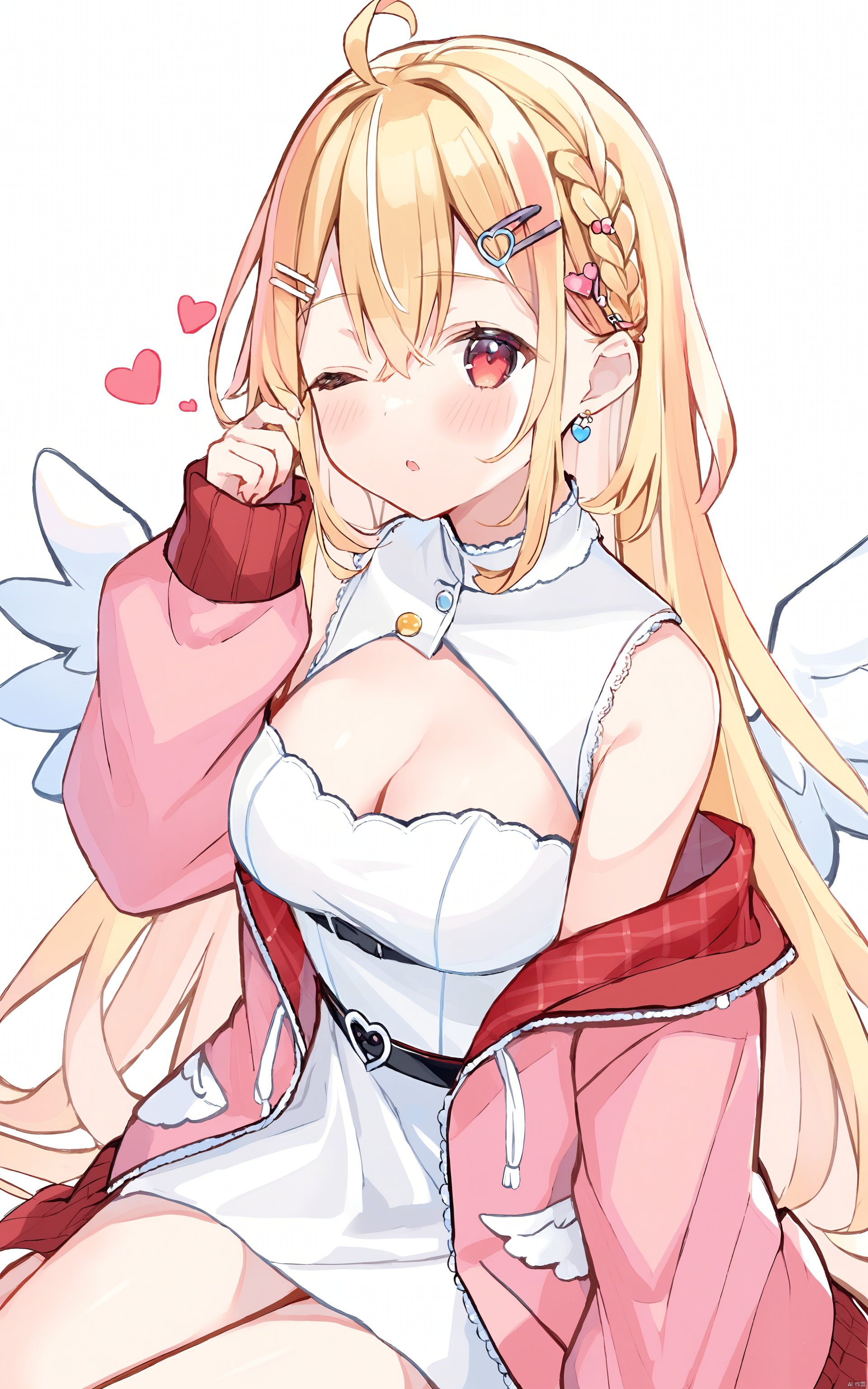 (best quality), ((masterpiece))Thin lines, solo, 1girl, white dress, dress, sleeveless dress, jacket, open jacket, animal ears, open clothes, hair ornament, ahoge, sleeveless, very long hair, bangs, heart, blonde hair, long hair, parted lips, braid, one eye closed, breasts, virtual youtuber, long sleeves, hair between eyes, off shoulder, wings, pink jacket, looking at viewer, red eyes, sleeves past wrists, sitting, hairclip, white background, blush, rubbing eyes, medium breasts, puffy long sleeves, multicolored hair, simple background, hand up, puffy sleeves, white wings