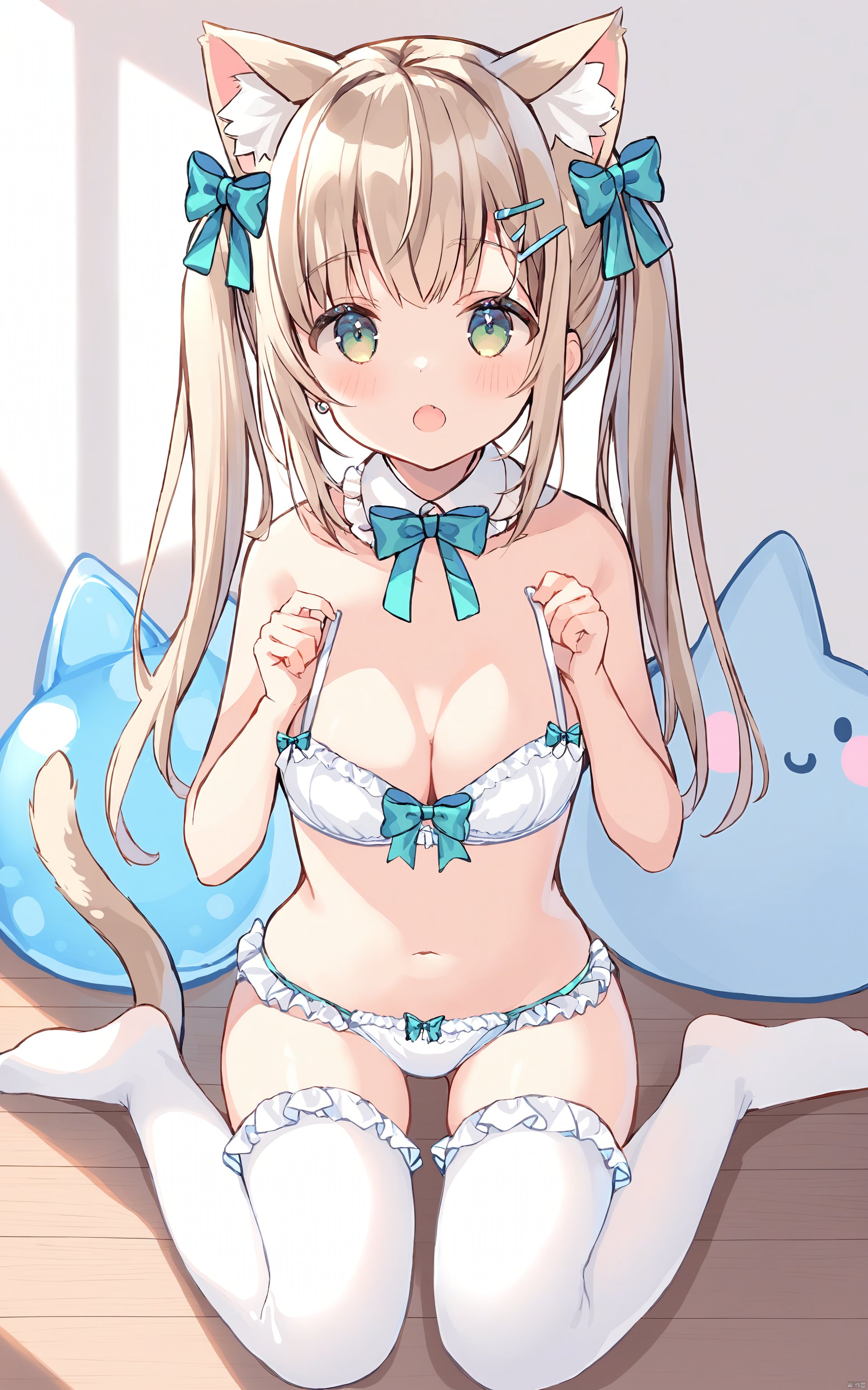 (best quality), ((masterpiece))Thin lines, 1girl, solo, breasts, thighhighs, frills, animal ears, looking at viewer, long hair, white thighhighs, twintails, detached collar, holding, open mouth, wariza, green eyes, navel, hair bow, sitting, cleavage, hair ornament, tail, no shoes, medium breasts, bow, hairclip, bangs, frilled panties, animal ear fluff, stomach, blush, :o, bra, underwear, bare shoulders, cat ears, panties, frilled bra, bare arms, bubble